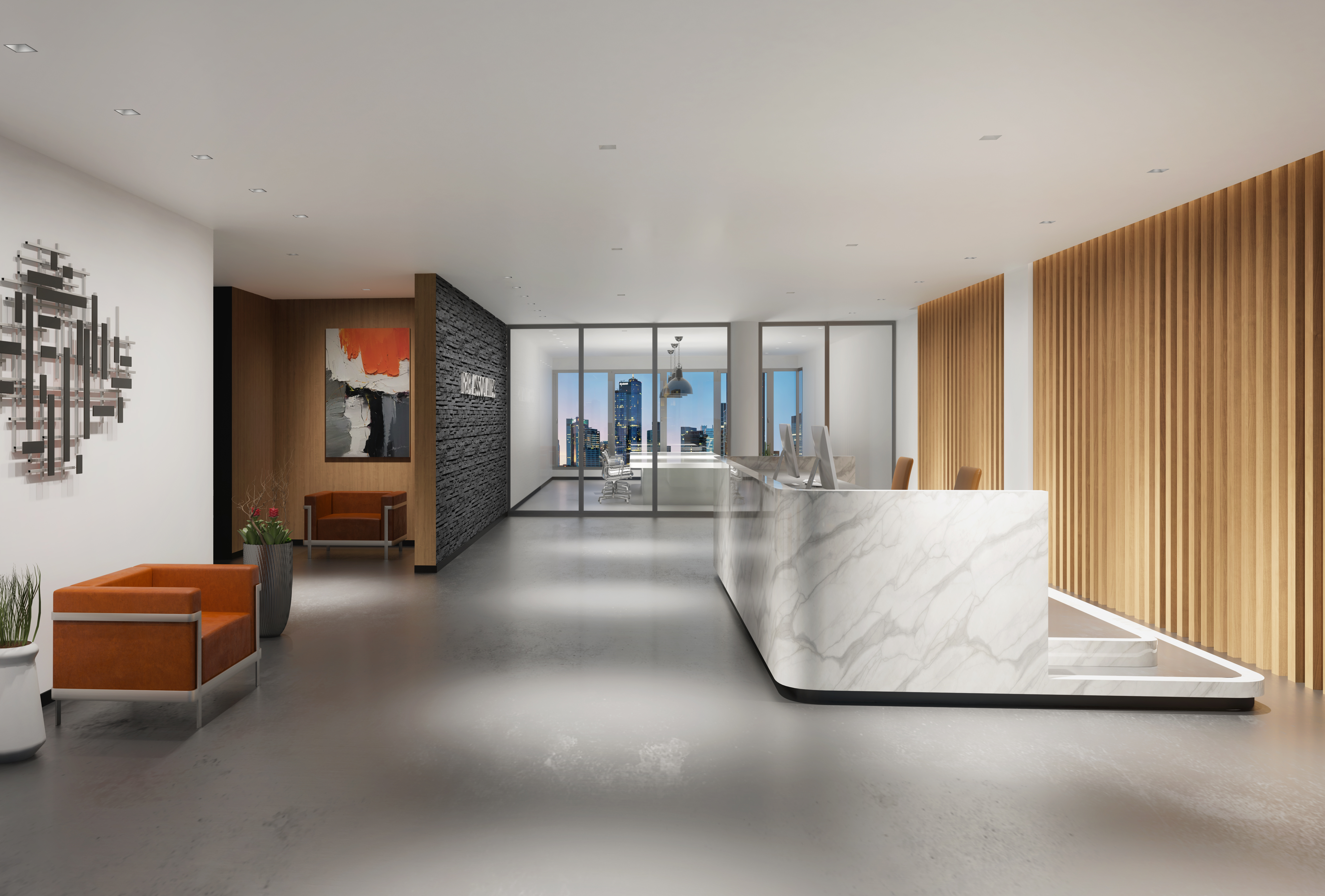 Aculux AX Series 3 inch recessed lights used to illuminate office lobby.