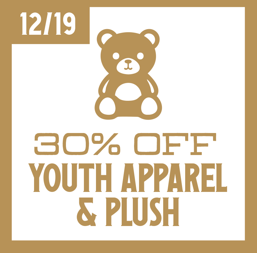 30% off youth apparel and plush on December 19