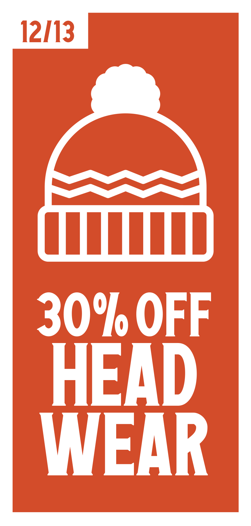 30% off headwear on December 13