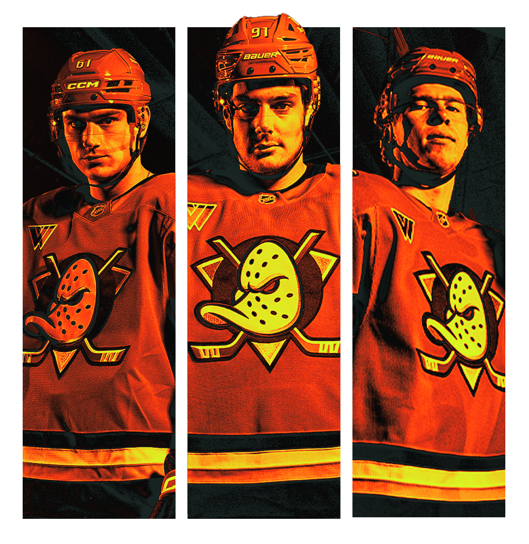 Stylized photos of Anaheim Ducks players Cutter Gauthier, Leo Carlsson and Jackson LaCombe