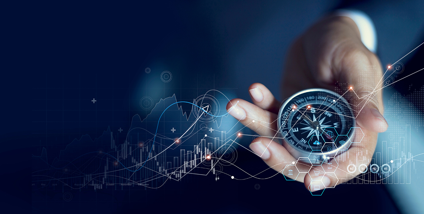 Person hold compass with business data overlayed