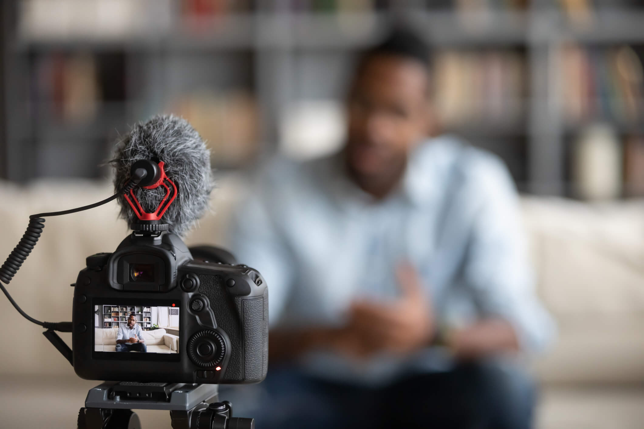 Professional studio microphone, recording studio, equipment in the blurry background