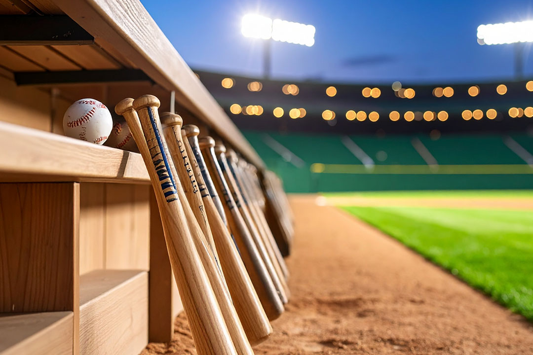 Road games - wooden bets leaning in the dugout