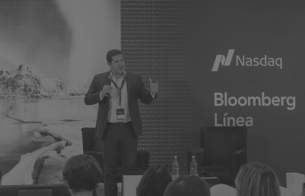 Stage: Startup CEO and Hardware Engineer Present New Product. Speakers Lead Lecture on Business, Science, Technology, Entrepreneurship, Health, Ecology, Development, Leadership and all Things Digital