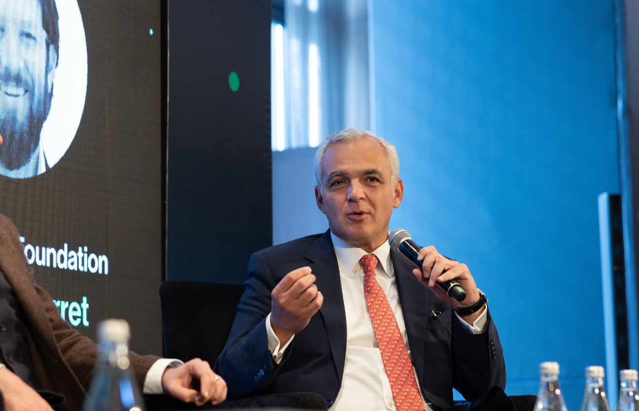 Stage: Startup CEO and Hardware Engineer Present New Product. Speakers Lead Lecture on Business, Science, Technology, Entrepreneurship, Health, Ecology, Development, Leadership and all Things Digital