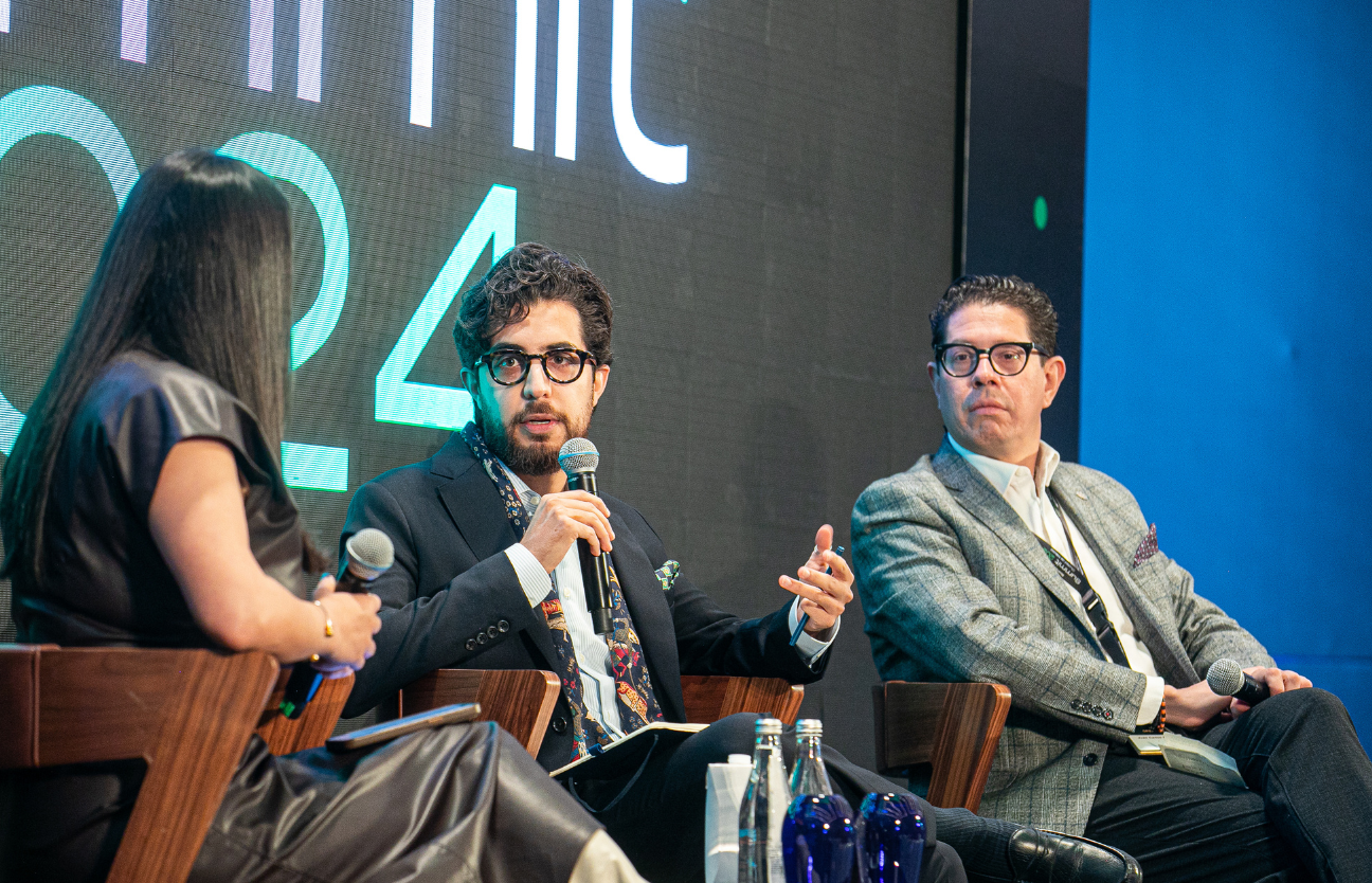 Stage: Startup CEO and Hardware Engineer Present New Product. Speakers Lead Lecture on Business, Science, Technology, Entrepreneurship, Health, Ecology, Development, Leadership and all Things Digital