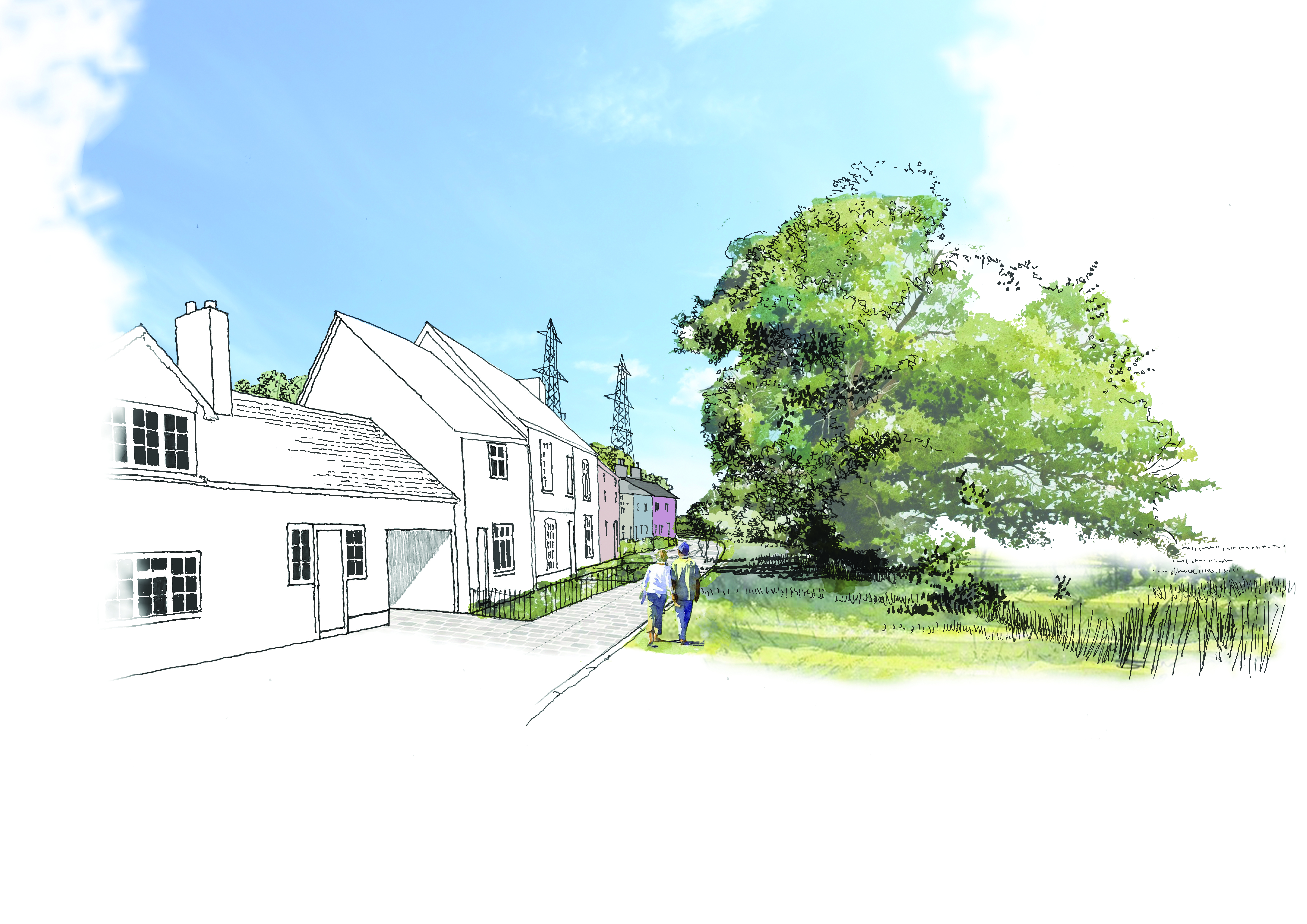 illustration from a residential-led development project of a residential site with trees, grass and pylons