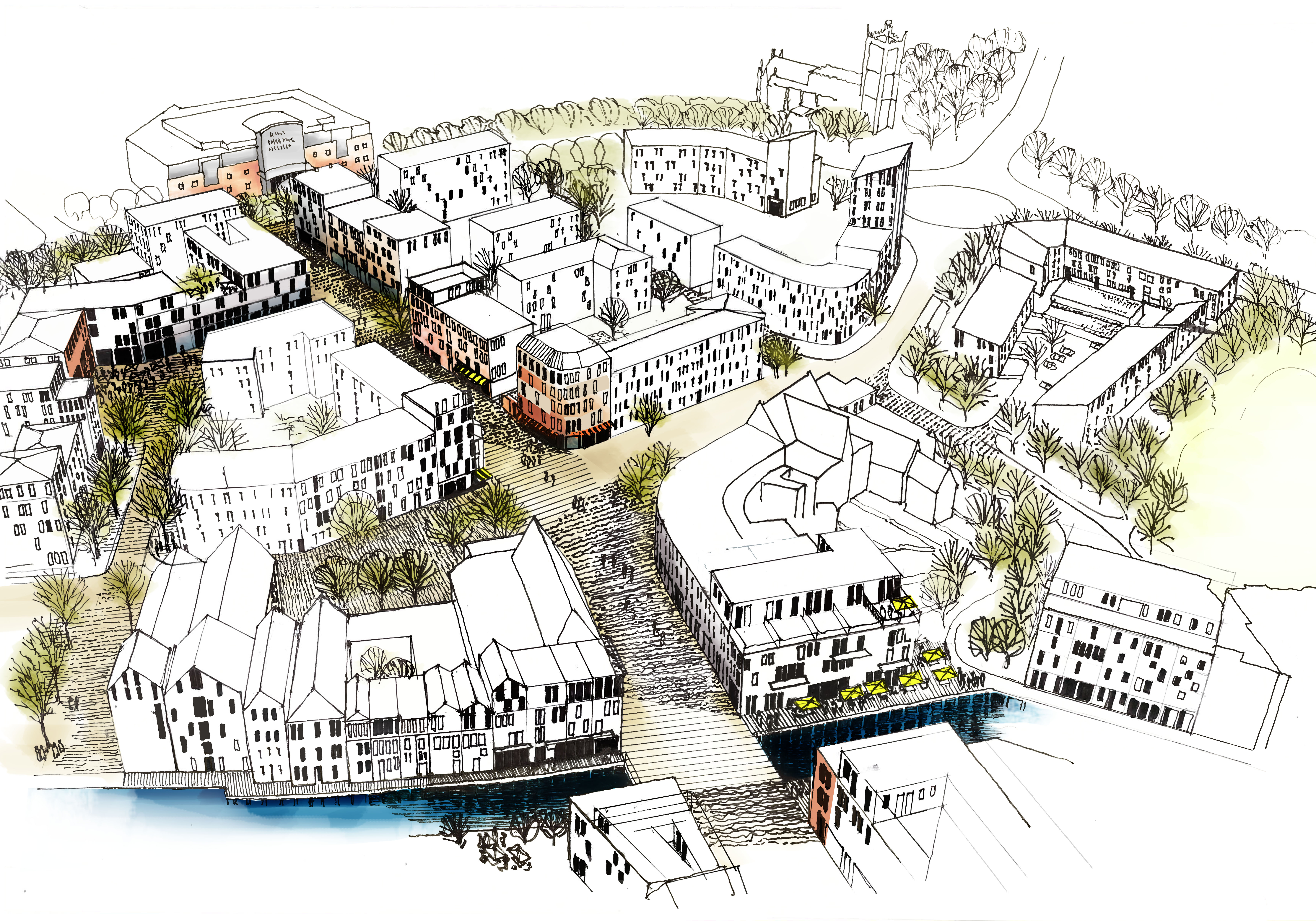Aerial view watercolour illustration of nuneaton town centre regeneration project for the wilton estate