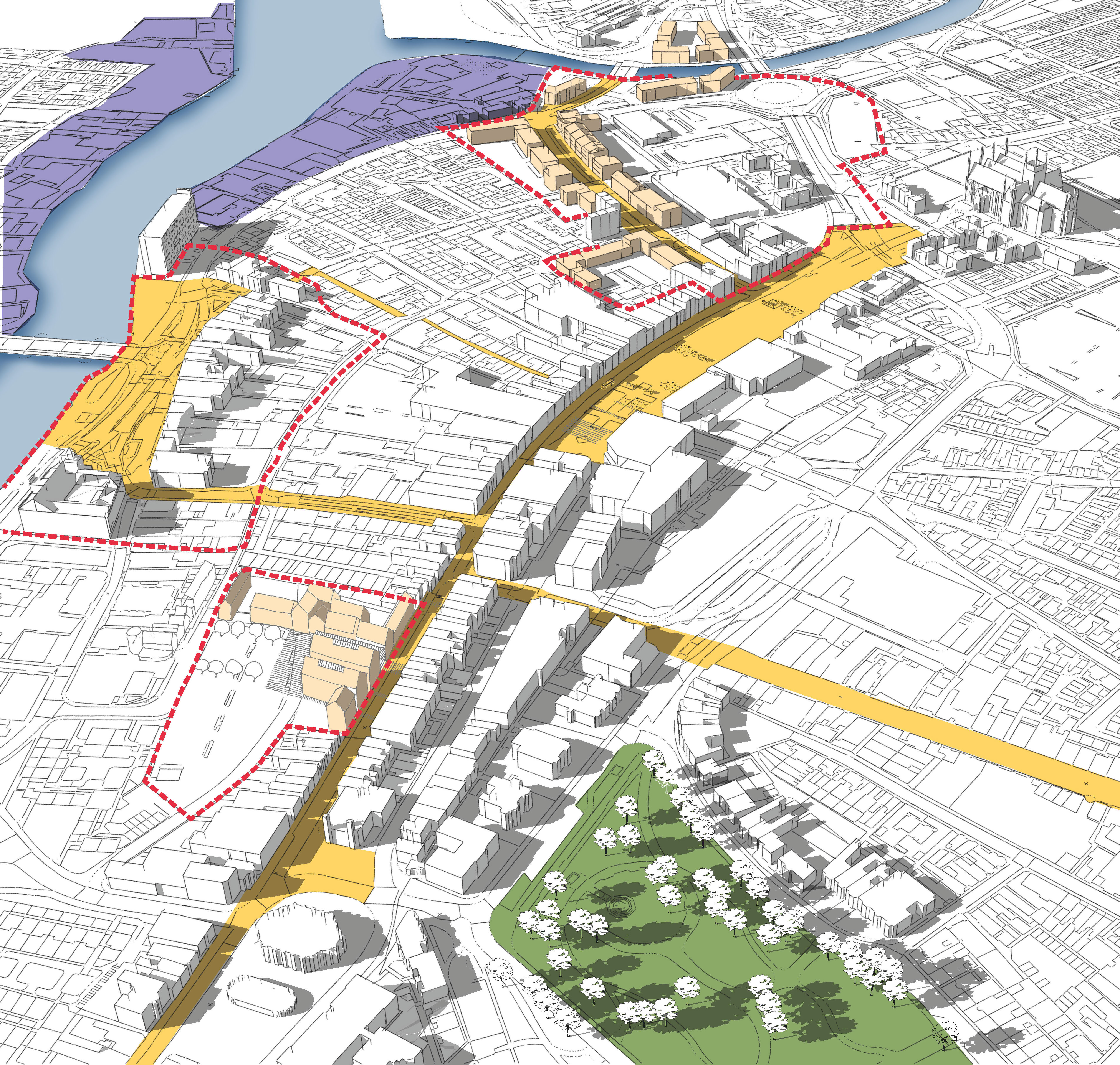 Illustration of great yarmouth town centre regeneration project included coloured sections and boundaries. 