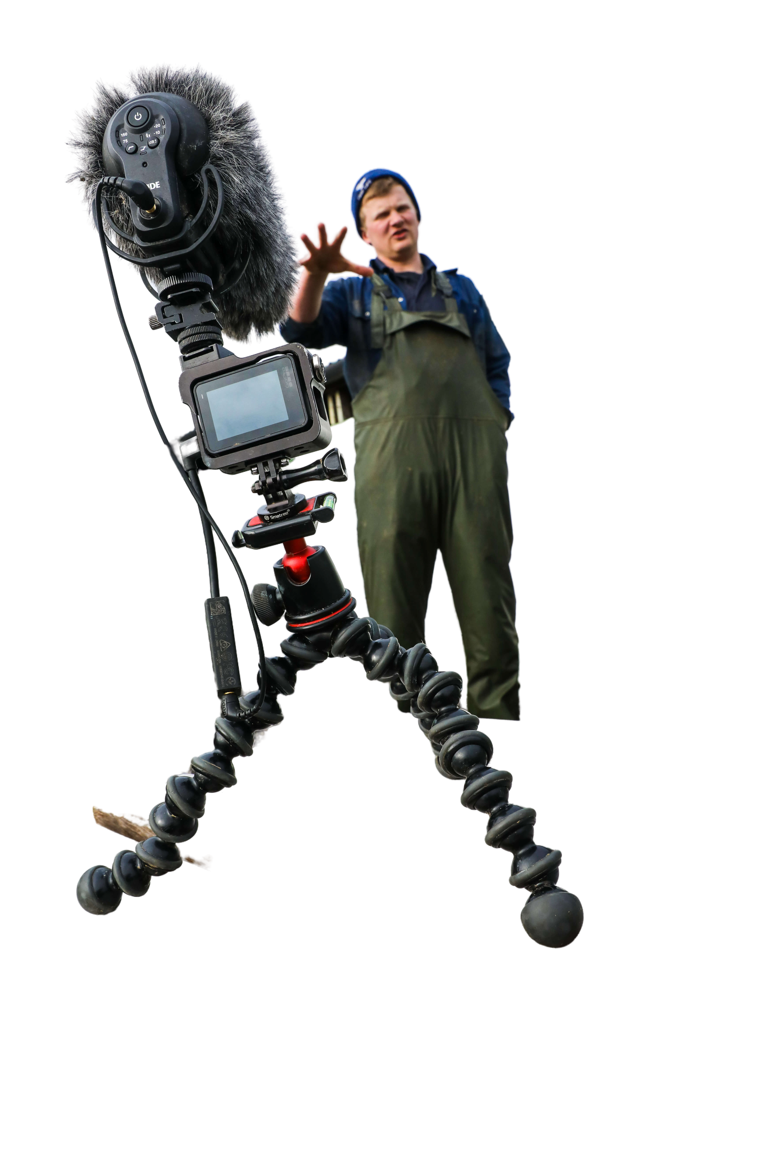 Tom Pemberton on his farm in Lytham St Annes, Lancashire in front of his vlogging camera on a cloudy wet day