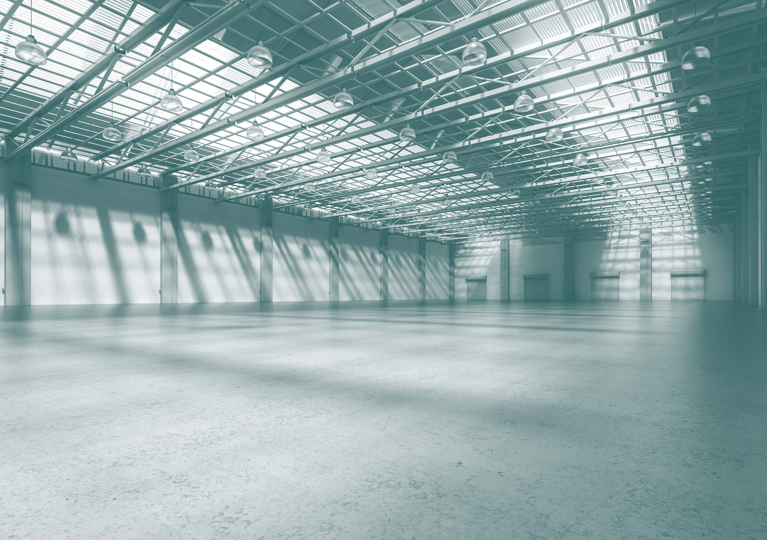 Photograph of warehouse interior with metal roof. Image with a teal wash