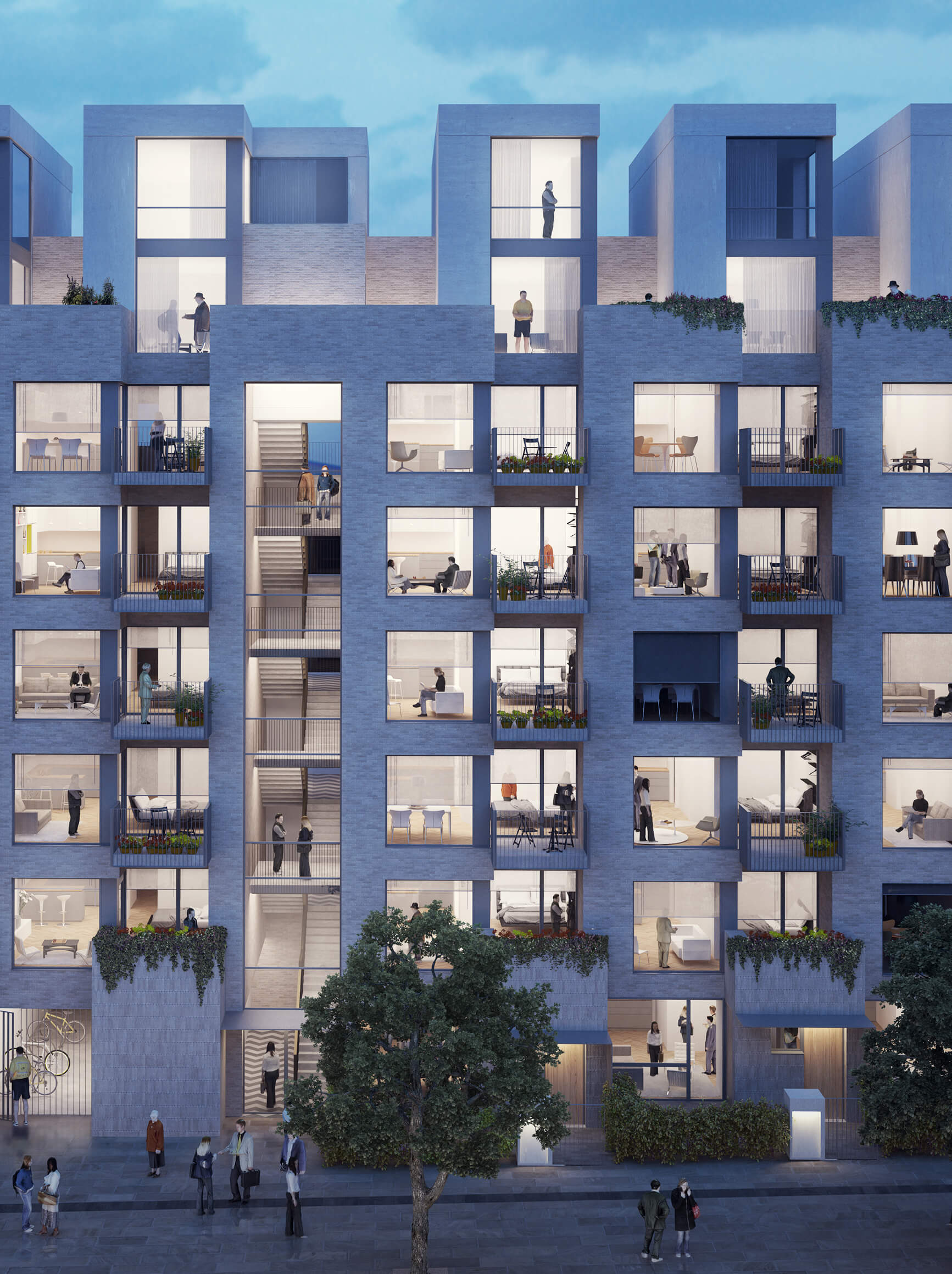 CGI image of residential apartment building with people in each rooms and modern architecture