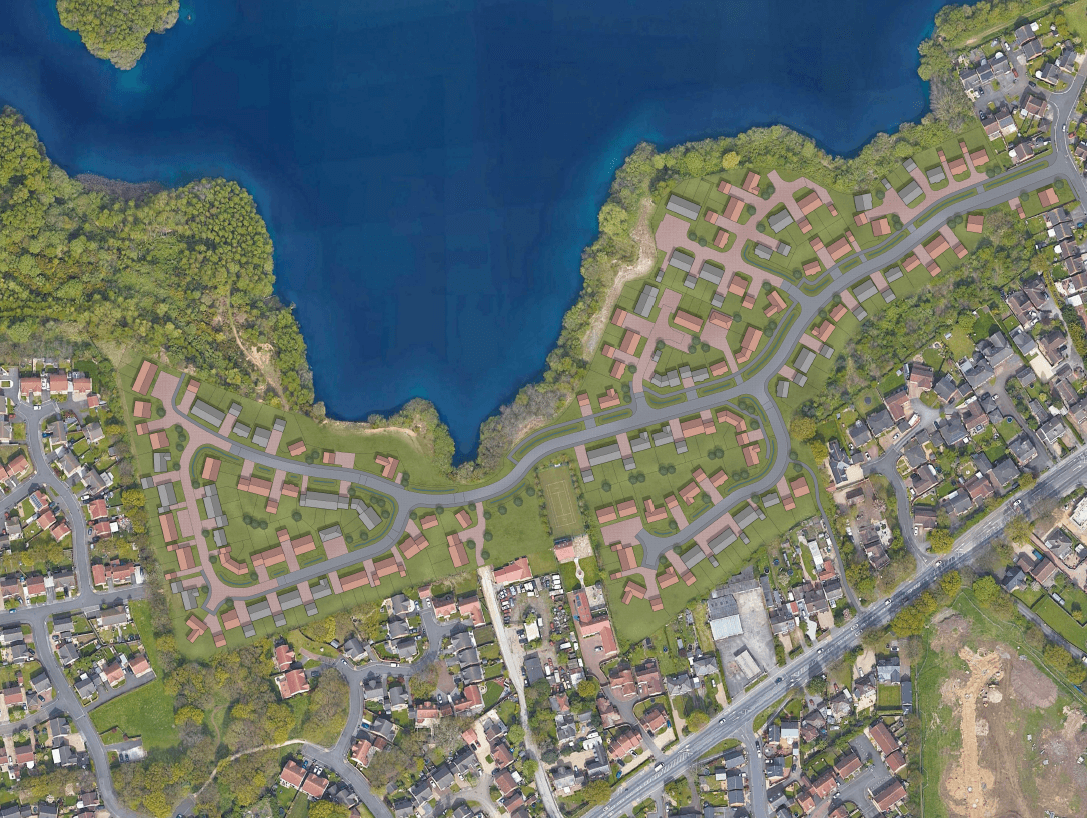 Aerial view of residential area surrounded by water and greenery in lincolnshire, uk
