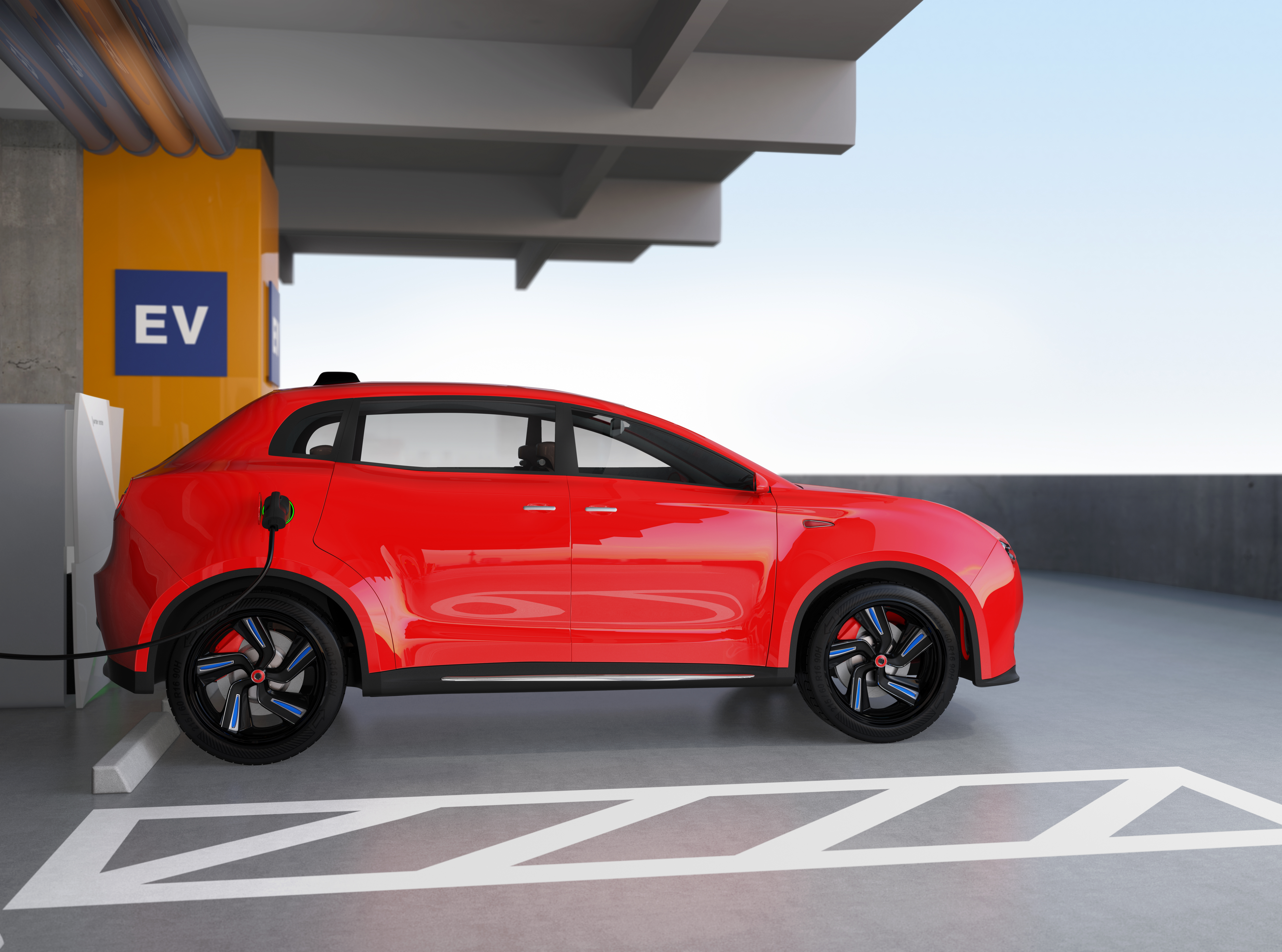 Red electric SUV recharging in parking garage. 3D rendering image. original design.