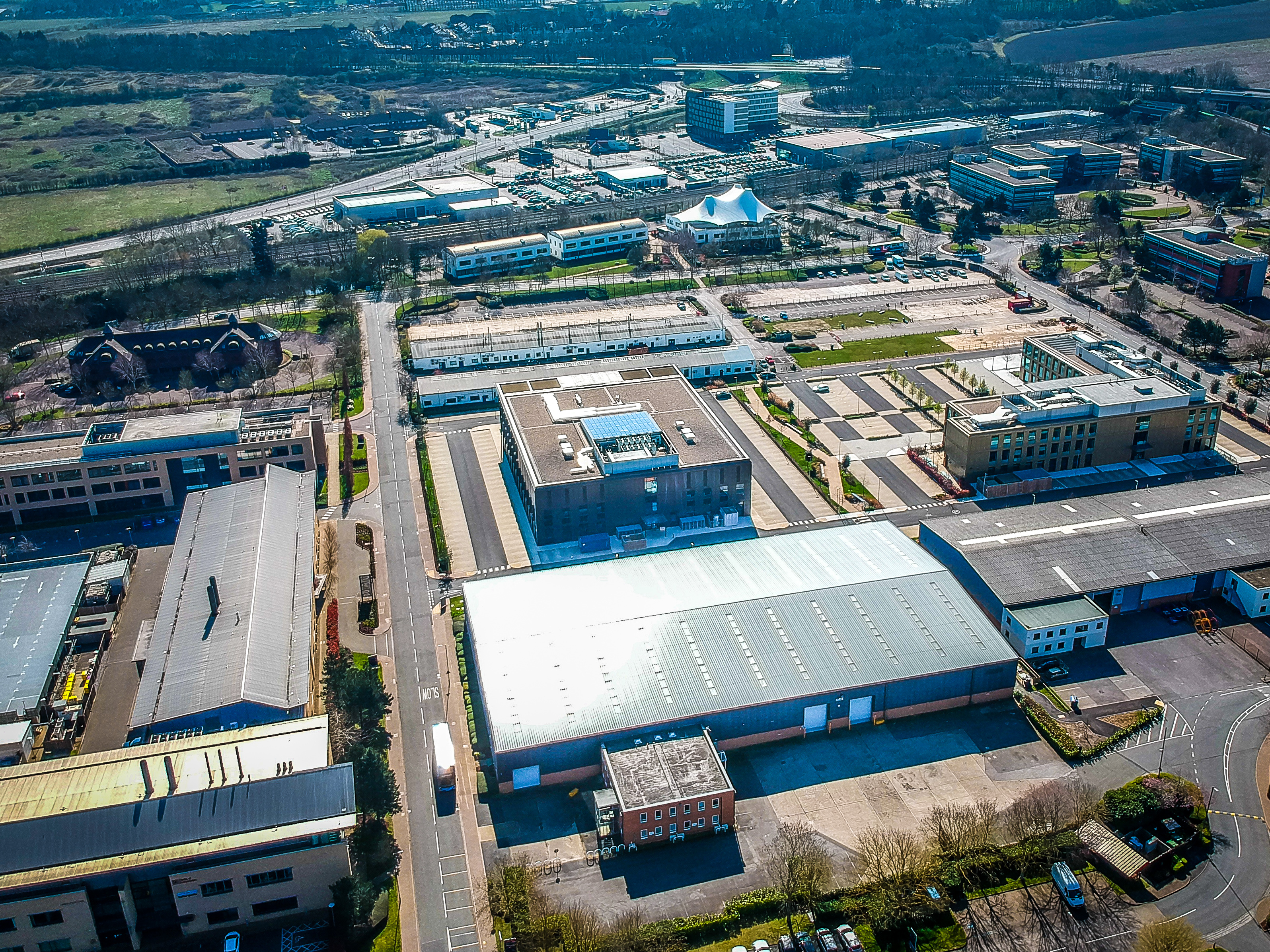 An aerial view of corporate buildings in Oxfordshire during the lockdown in April 2020. Taken by a pfco pilot.