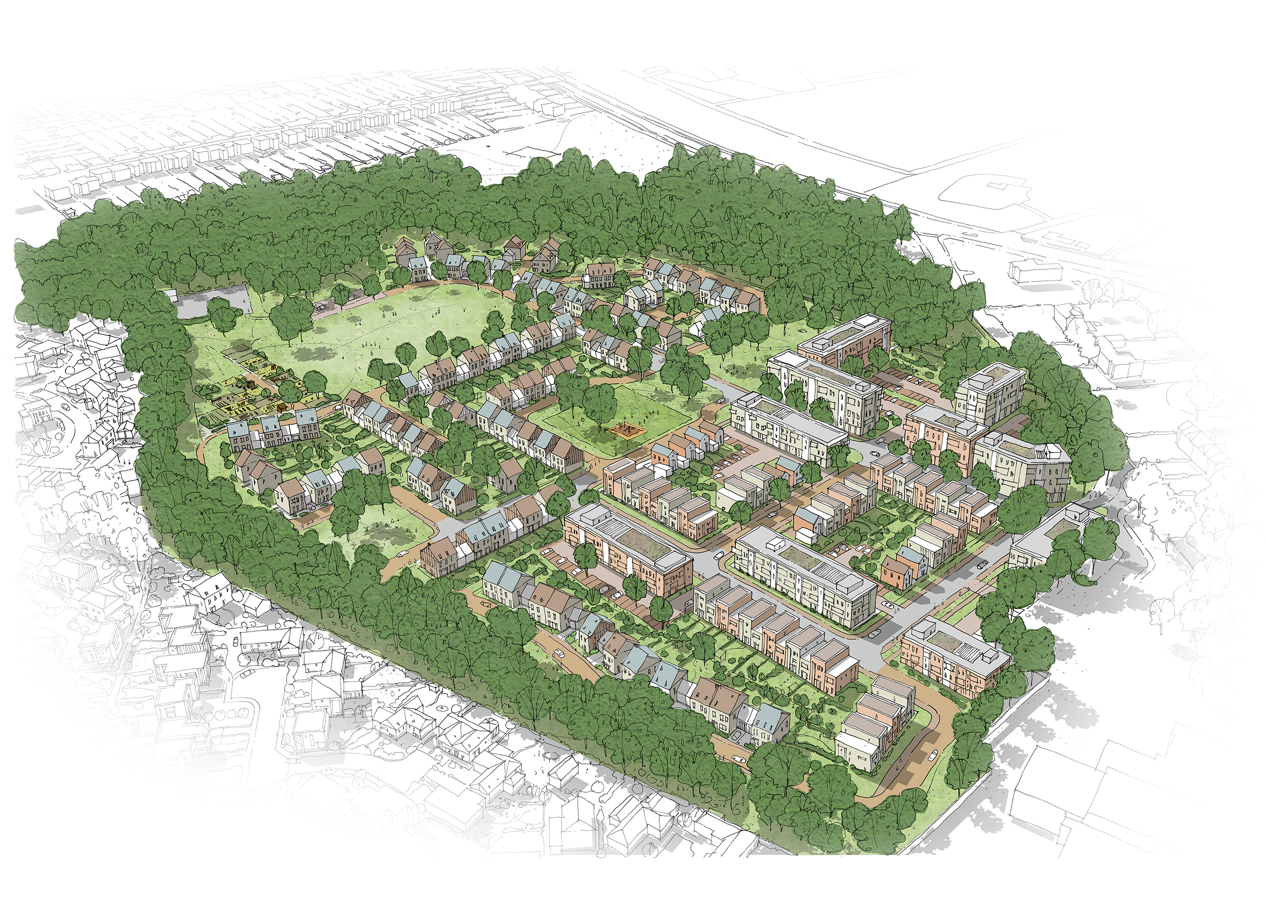 Illustration of Land at Martlesham in suffolk as part of a Residential-Led Development project for Suffolk police showing multiple residential homes and lots of greenery and trees.