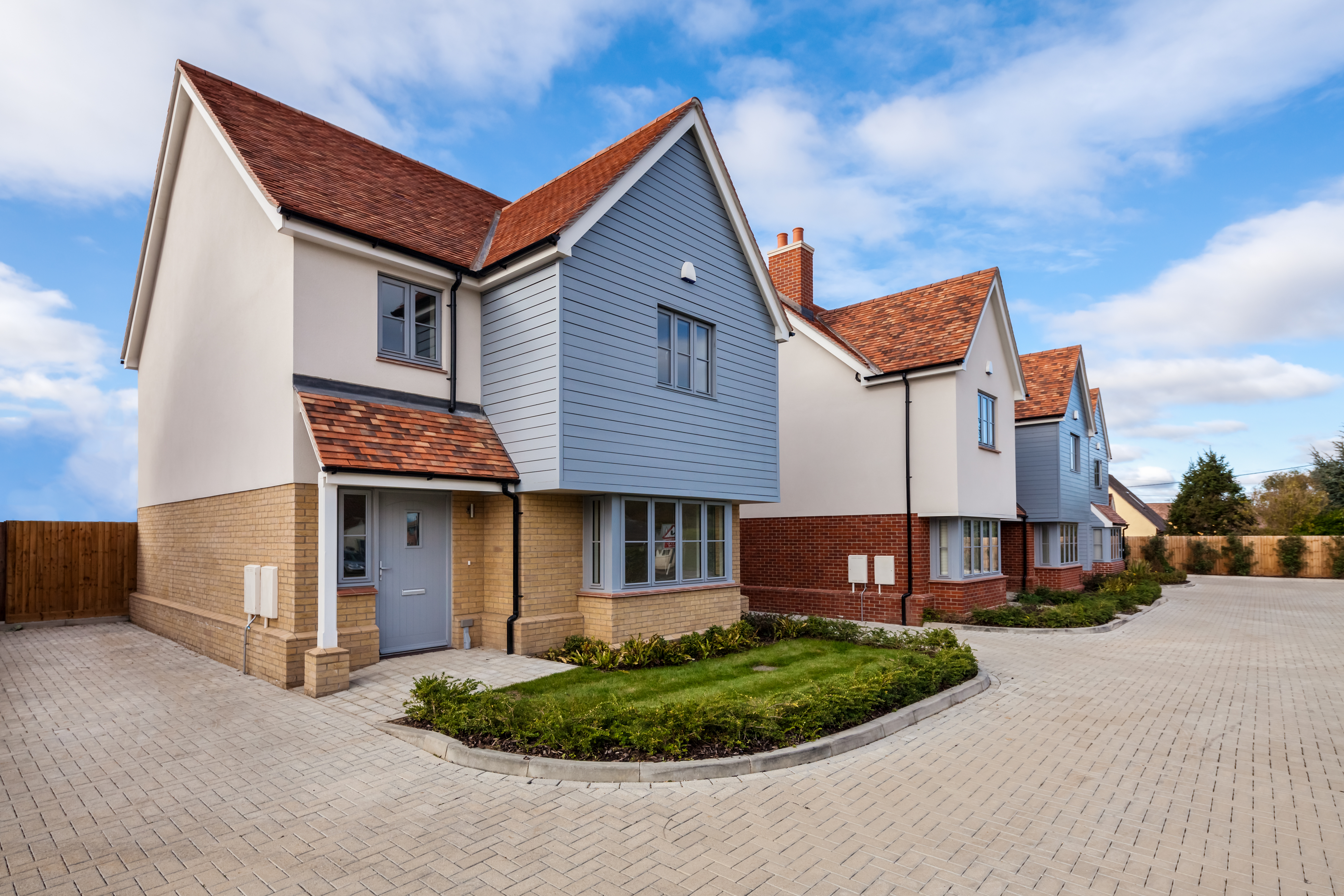 Great Chesterford, Essex, England - October 27 2018: Just completed vacant new homes on recently constructed Essex village housing development.