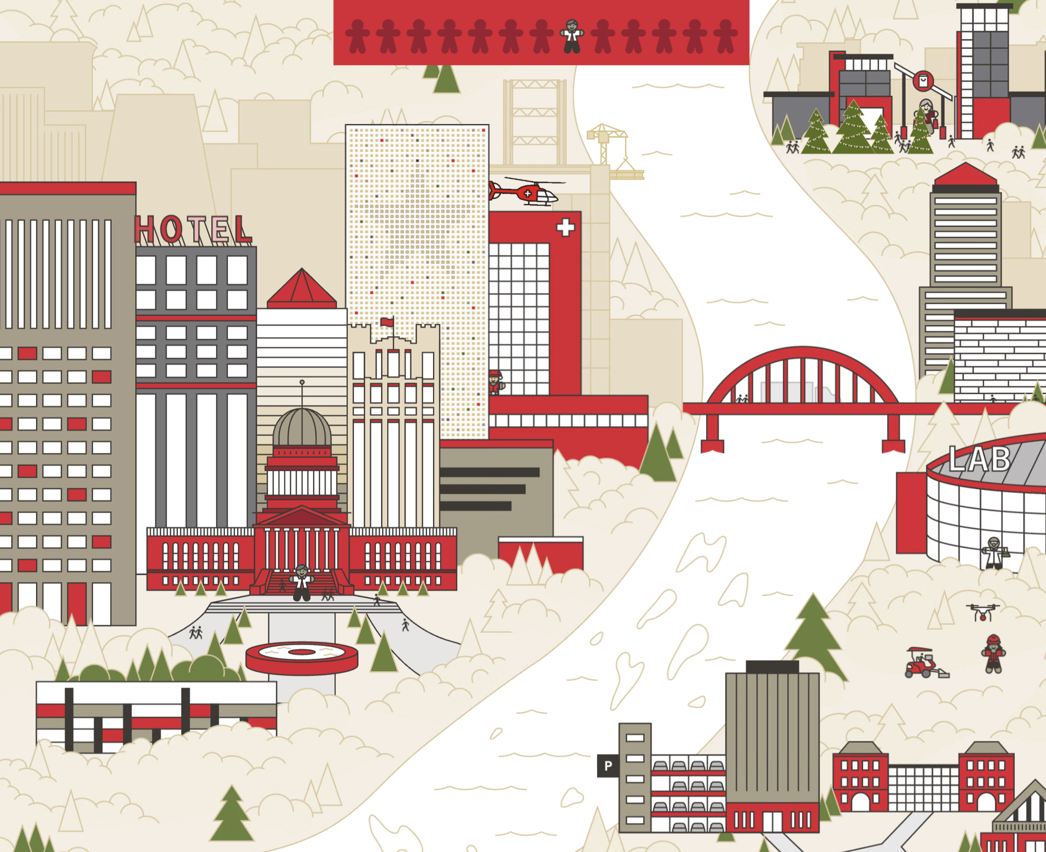 Illustrated cityscape created in Ceros Studio showing a mix of urban and natural elements.