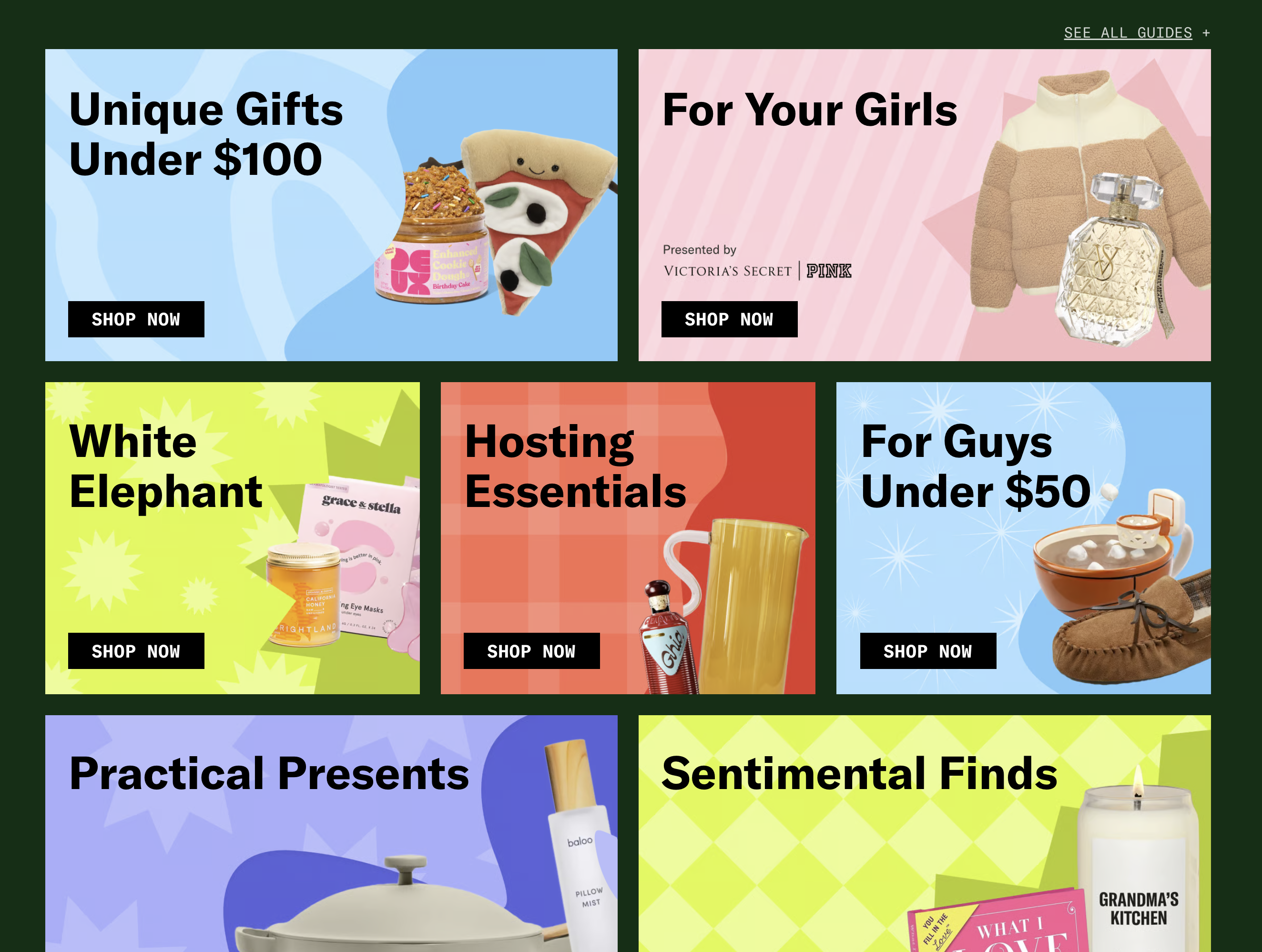 Colorful grid of holiday gift guide categories, each with bold text, themed images, and a “Shop Now” button.