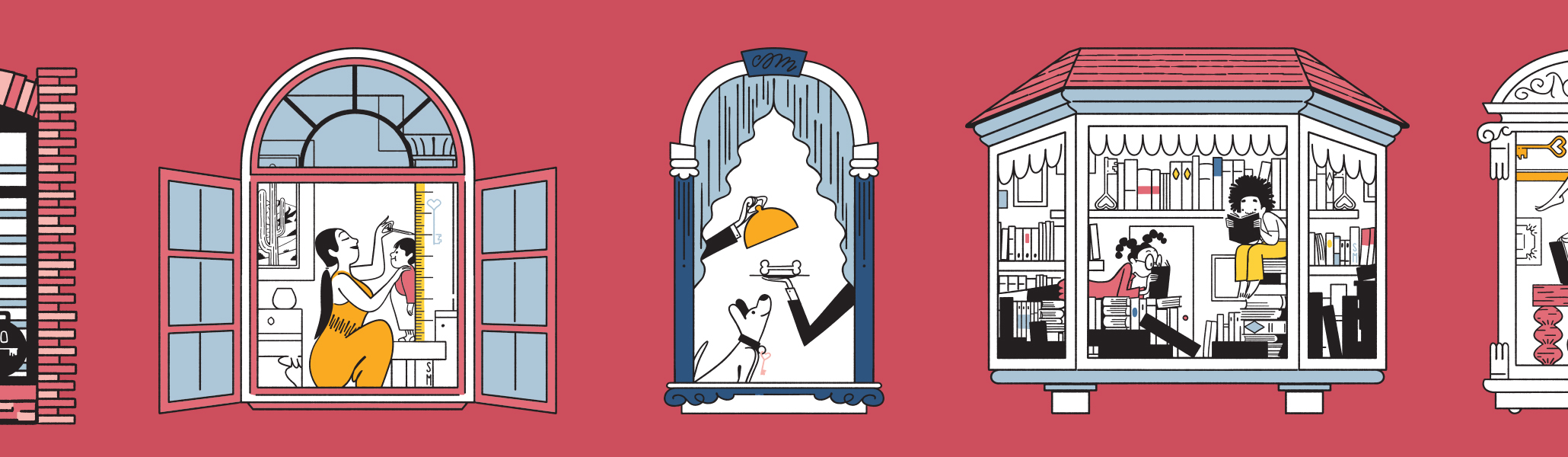 illustration of people doing things in their homes. viewed through windows.