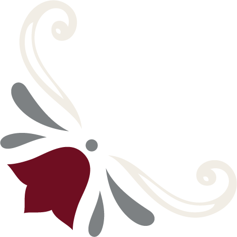 A small decorative design featuring a maroon flower with three grey leaves and two beige swirls extending from the top and bottom.