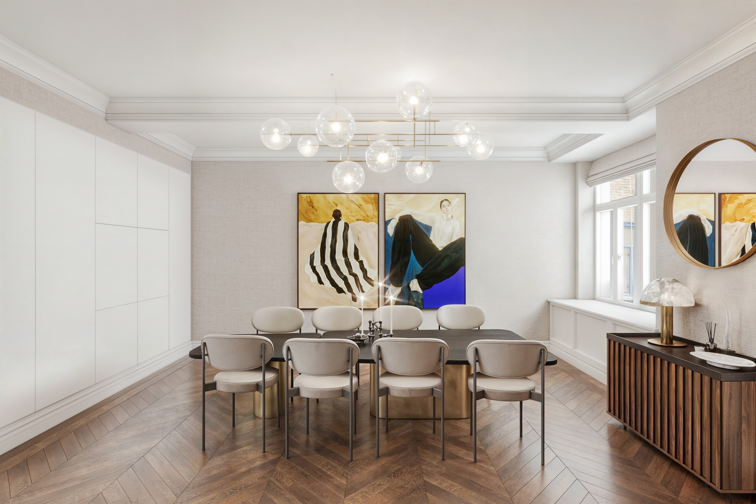 Modern dining room with a large rectangular table, eight beige chairs, abstract wall art, a spherical chandelier, and a sideboard with a round mirror, set on wooden herringbone flooring with natural light from large windows.