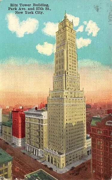 Vintage postcard illustration of the Ritz Tower Building at Park Avenue and 57th Street in New York City, featuring a tall beige skyscraper with ornate architectural details under a blue sky with white clouds.