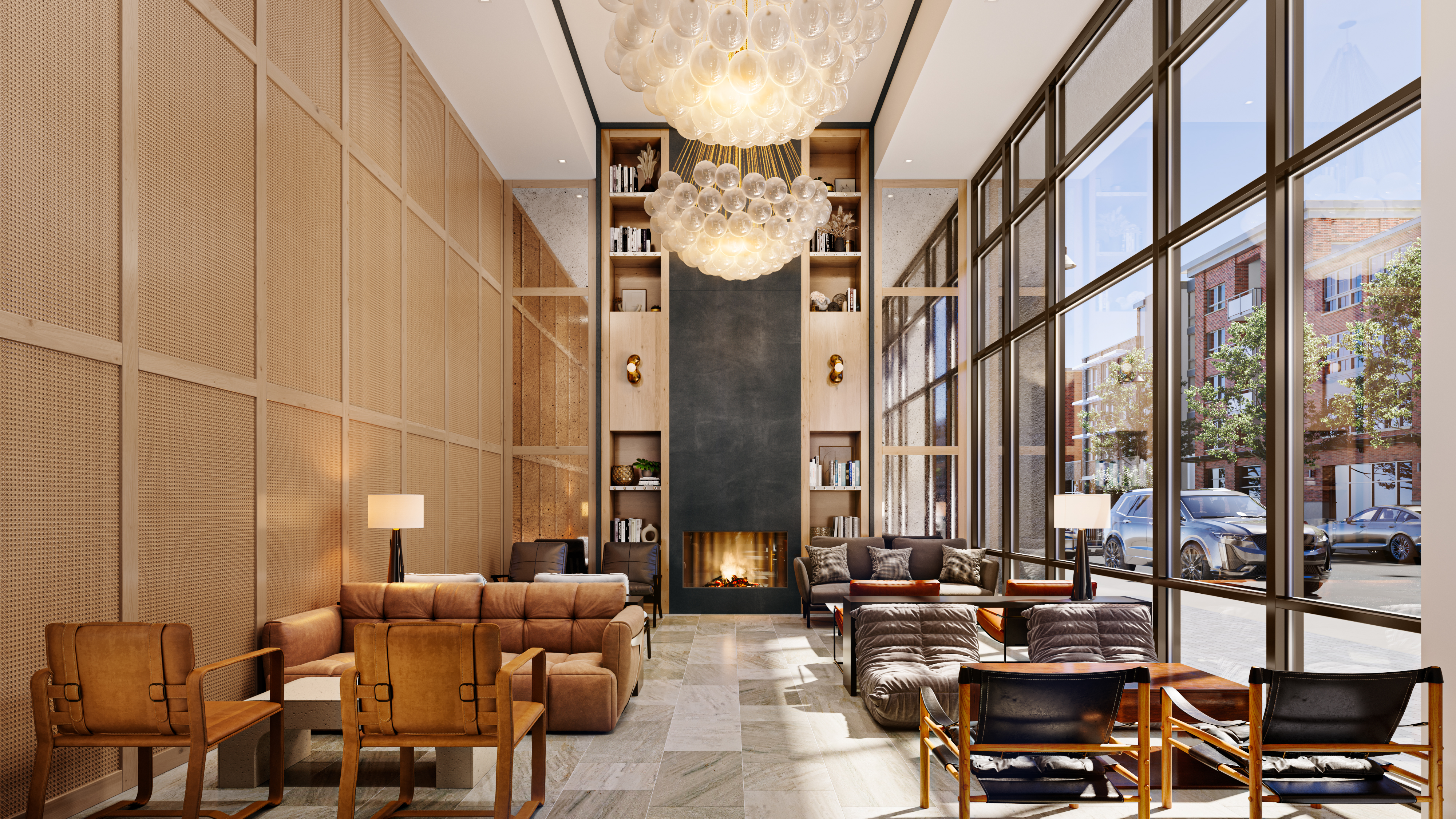 Modern living room with high ceilings, floor-to-ceiling windows, leather seating, a central fireplace flanked by bookshelves, and two large bubble chandeliers.