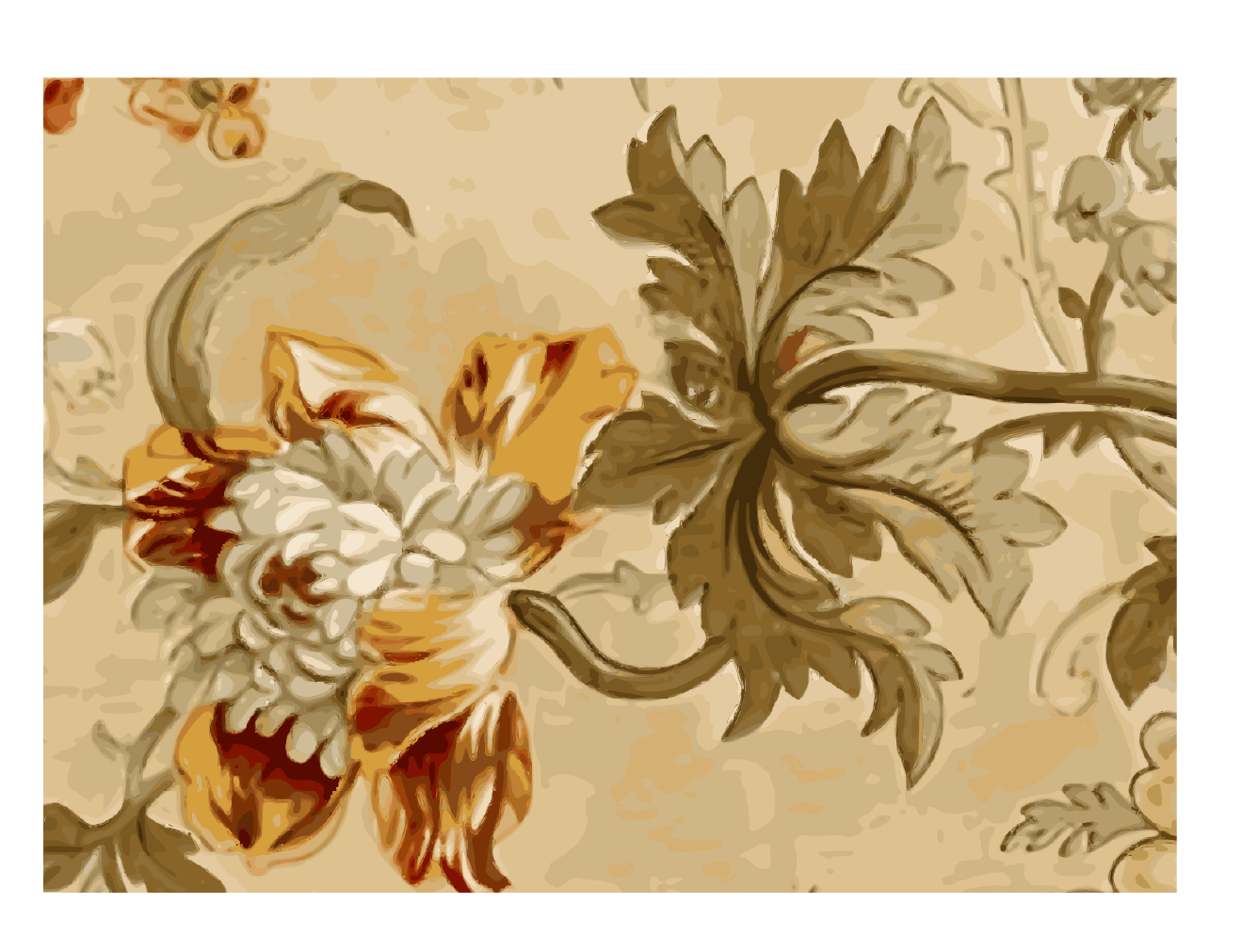 A vintage floral pattern with a large, detailed flower featuring white and orange petals on the left, accompanied by green leaves and vines extending across a beige background.