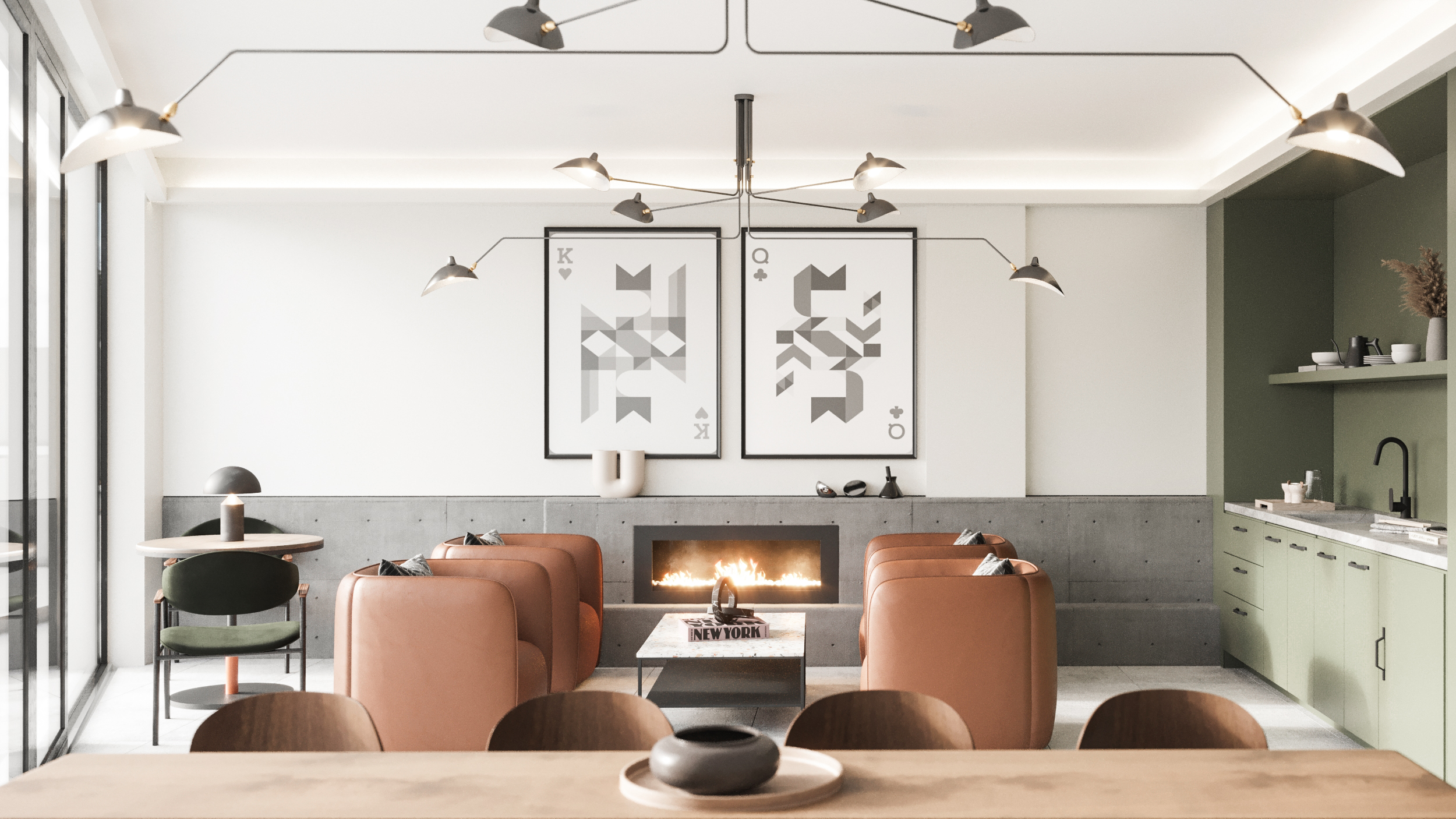 A modern living room with a central fireplace, four brown leather chairs, a coffee table displaying a book titled 'NEW YORK,' abstract artwork above the fireplace, and minimalist decor with green cabinetry on the right.