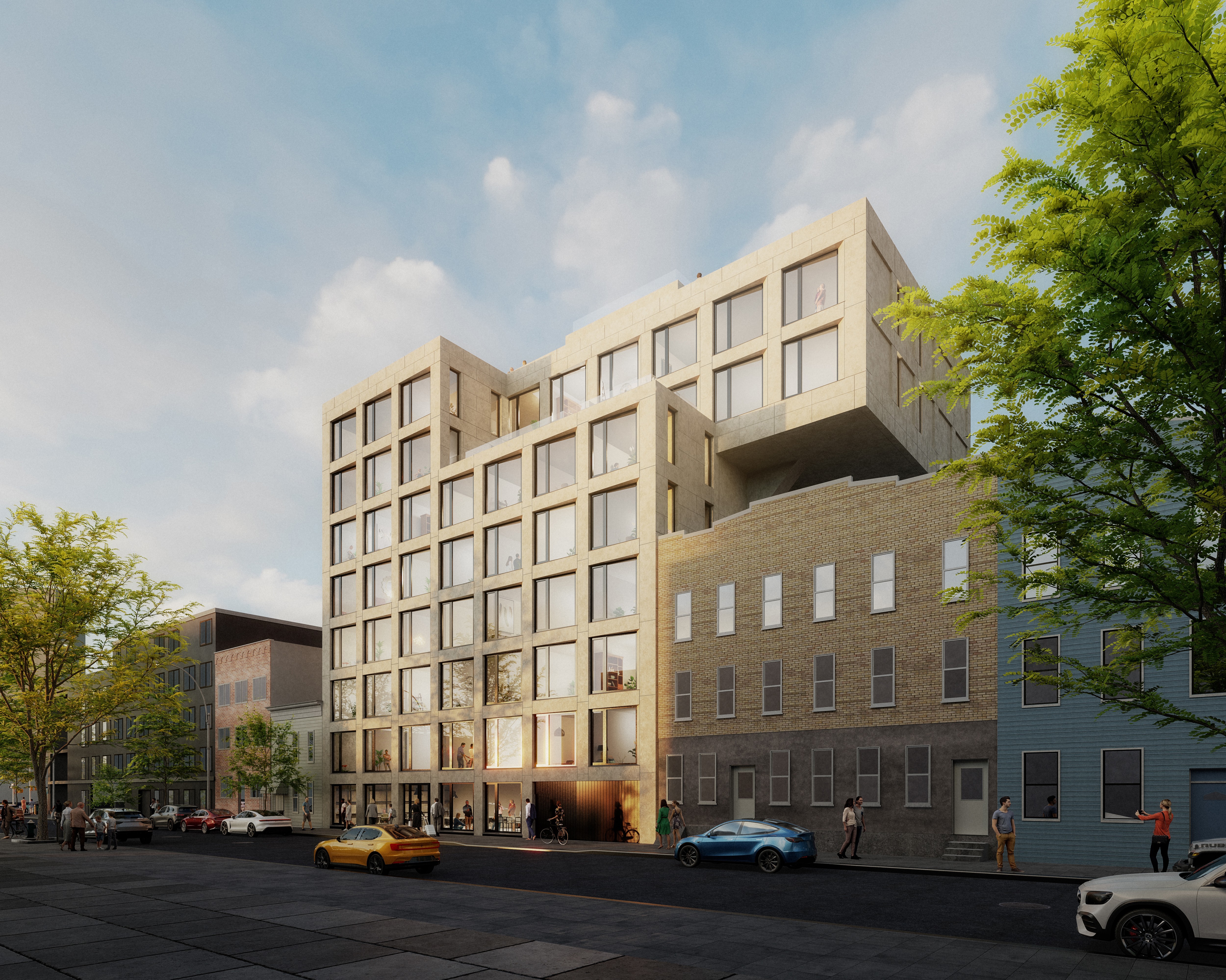 A modern multi-story apartment building with large windows and a distinctive design combining brick and concrete, with parked cars, trees, and pedestrians along the street in front.