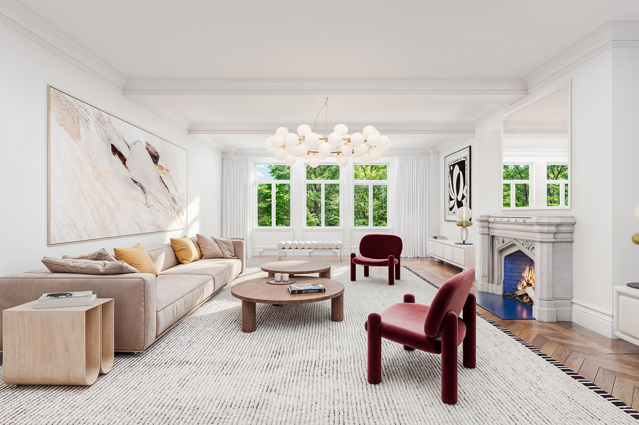 Modern living room with a large beige sectional sofa, yellow and beige pillows, two red chairs, a round wooden coffee table, and a fireplace, accented by large windows, white curtains, abstract wall art, and a contemporary chandelier.