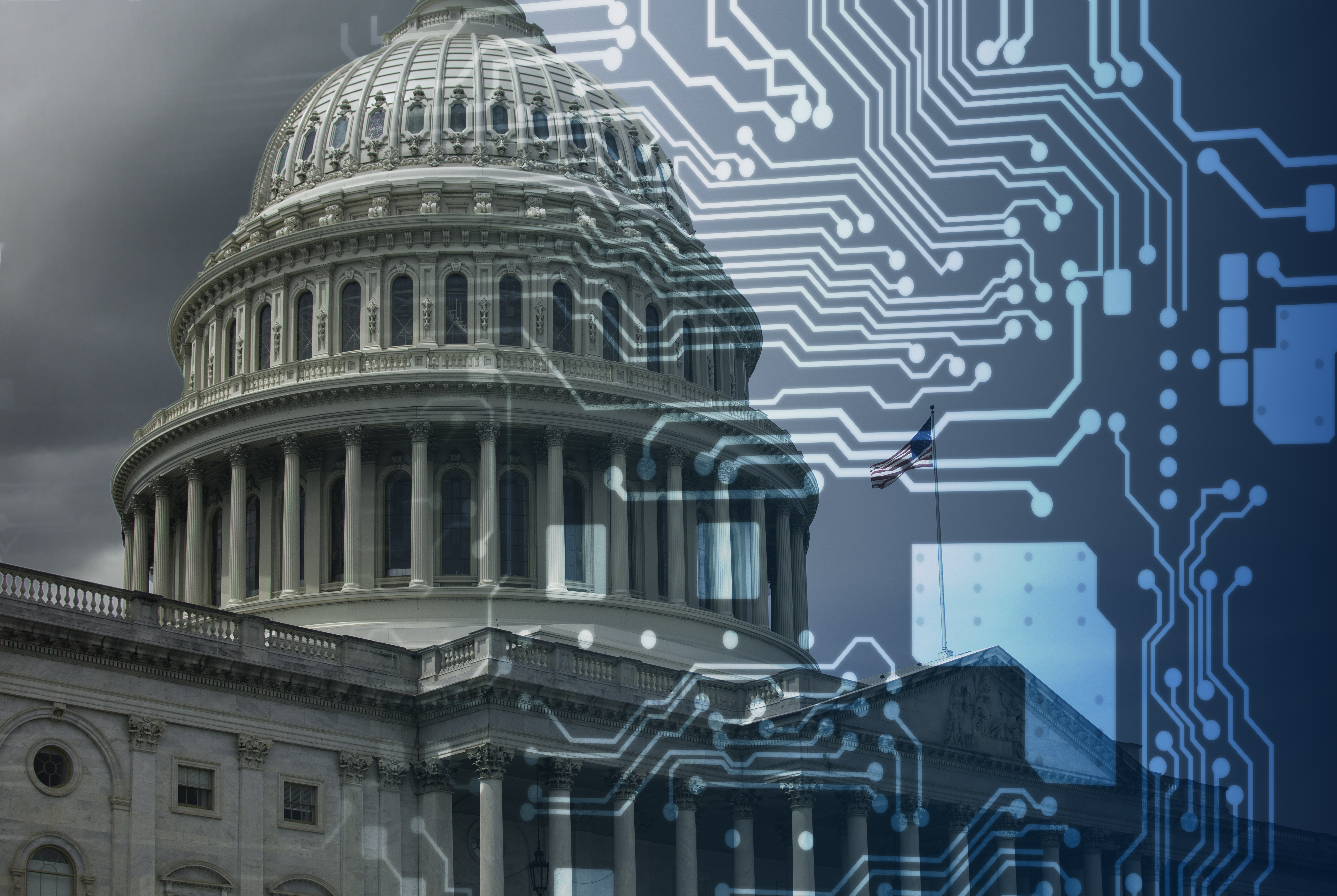Photo of the United States Capitol with overlayed computer circuitry.  The Intersection of freedom and artificial intelligence
