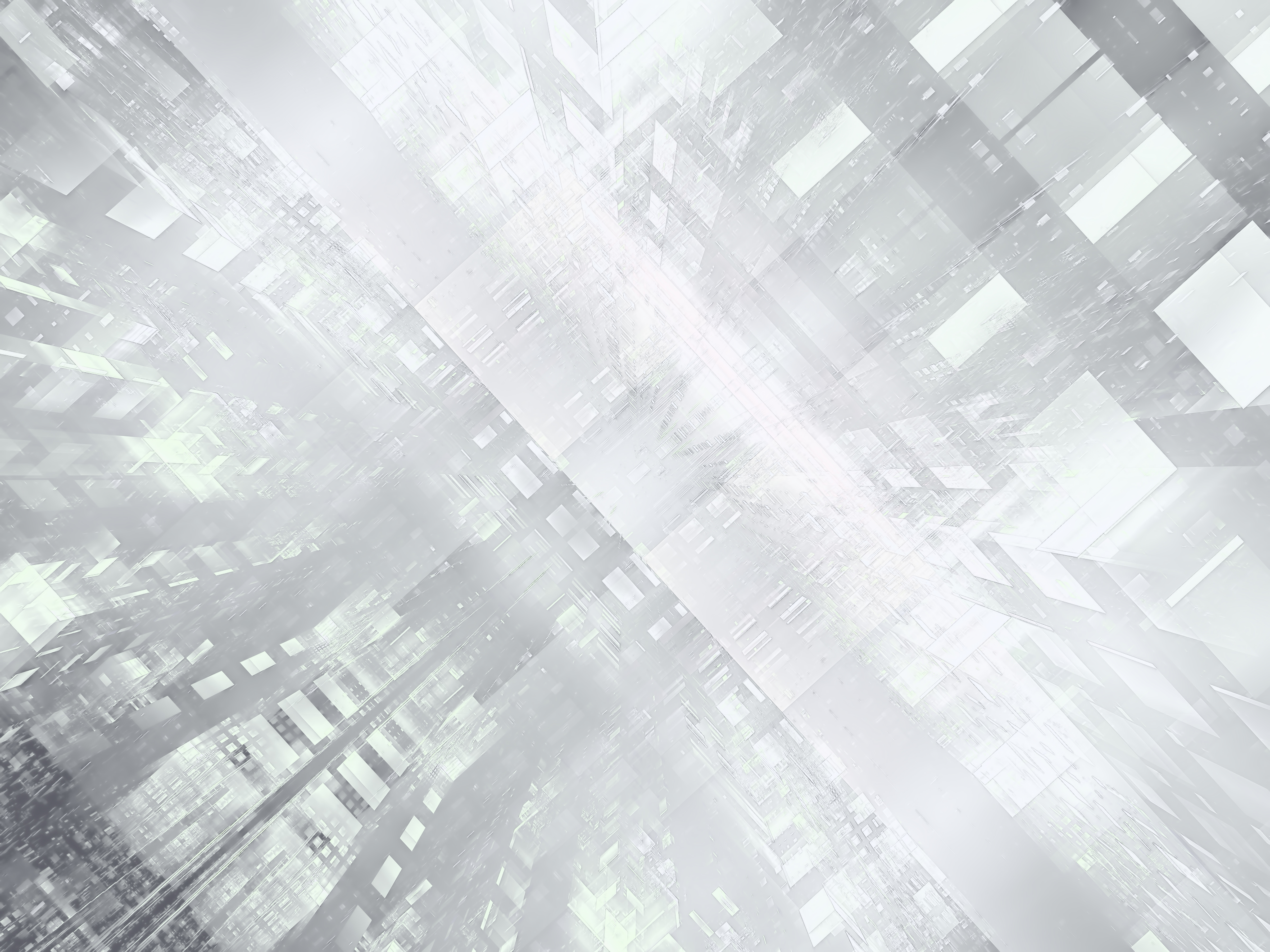 White background -  futuristic portal or data center. Computer generated 3d illustration. Fractal art: vr or sci fi concept. Diagonal inclined glowing glass walls. Grayscale blocks and lines.
