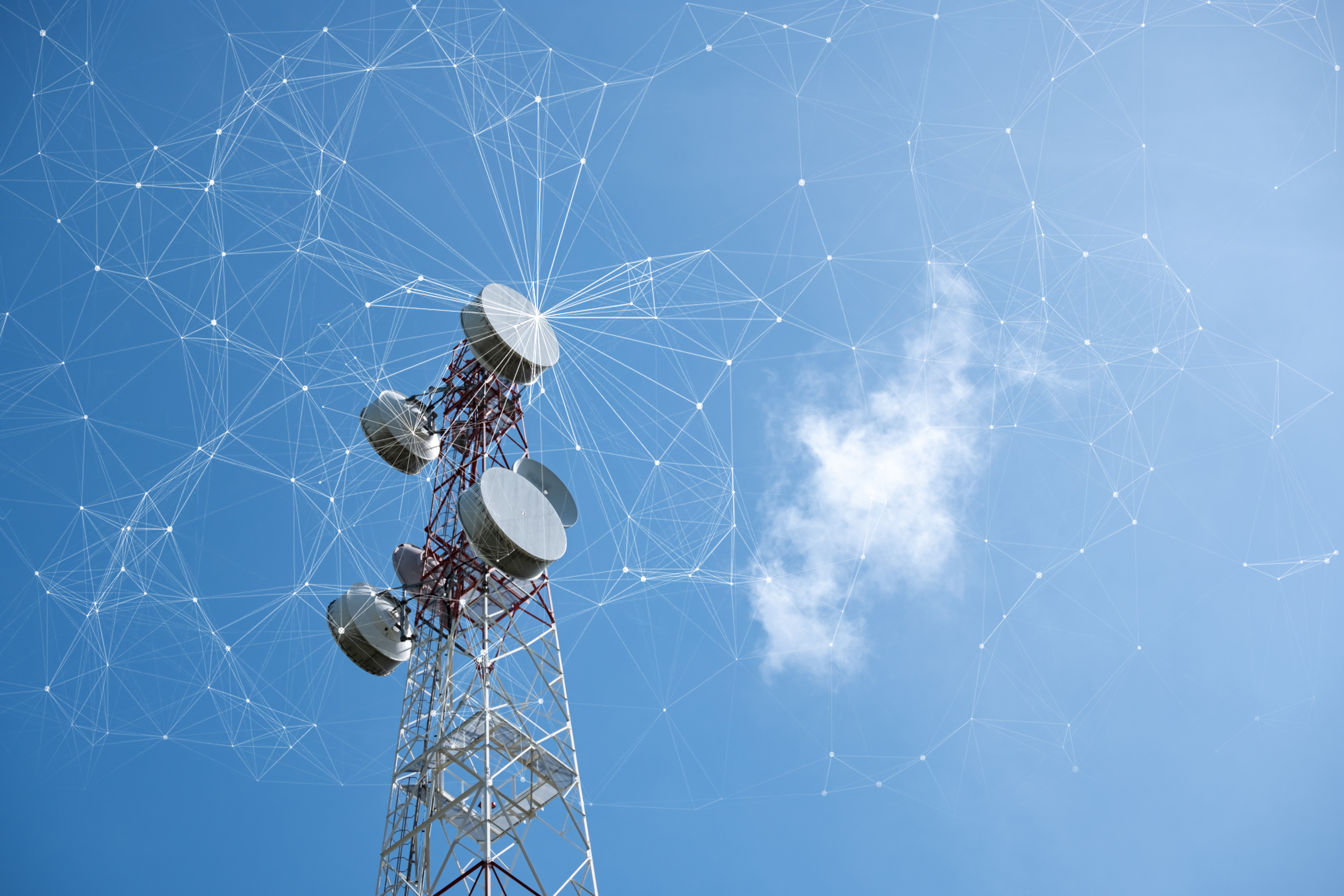 Telecommunication tower with mesh dots, glittering particles for wireless telecommunication technology