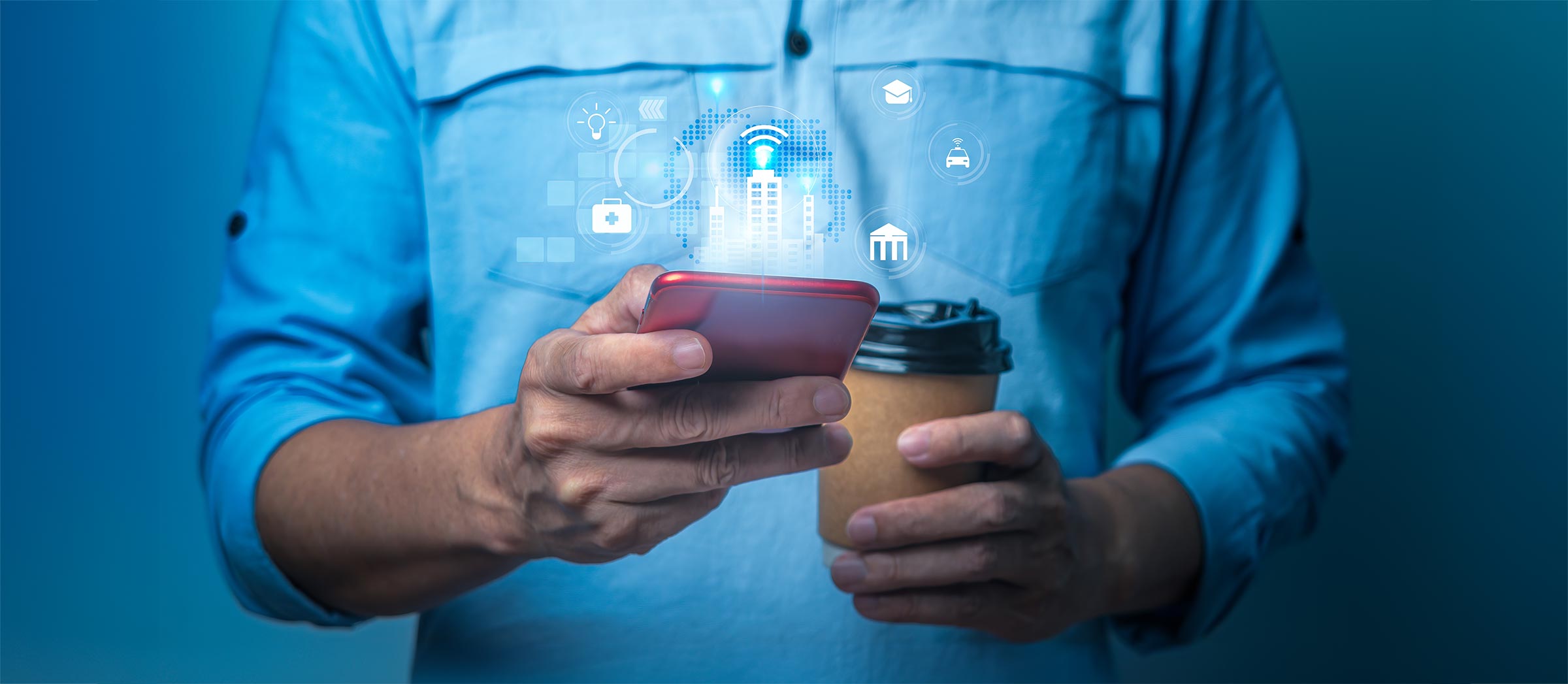 Business Man using mobile phone with digital society network symbols