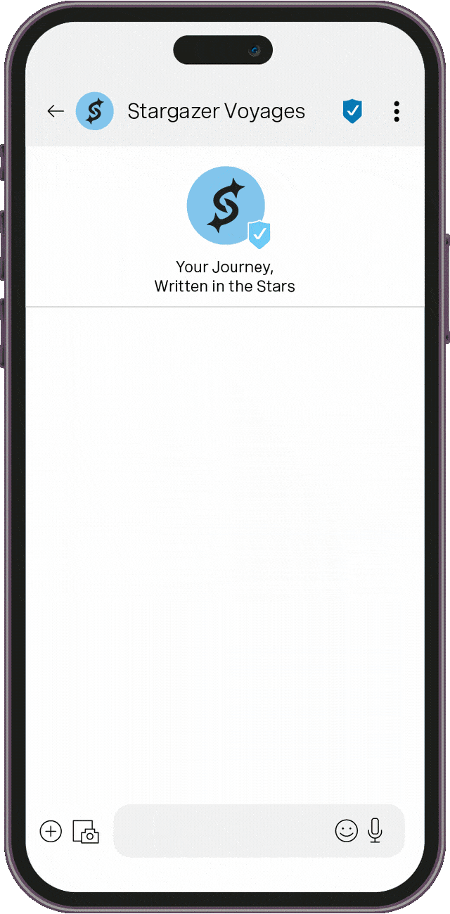 Smartphone screen showing an RCS message, branded with Stargazer Voyages offering. The message offers three trip packages in a carousel with three options for cruise packs, with buttons under each to learn more, book now, or explore similar. Each option also has an image of a vacation package.