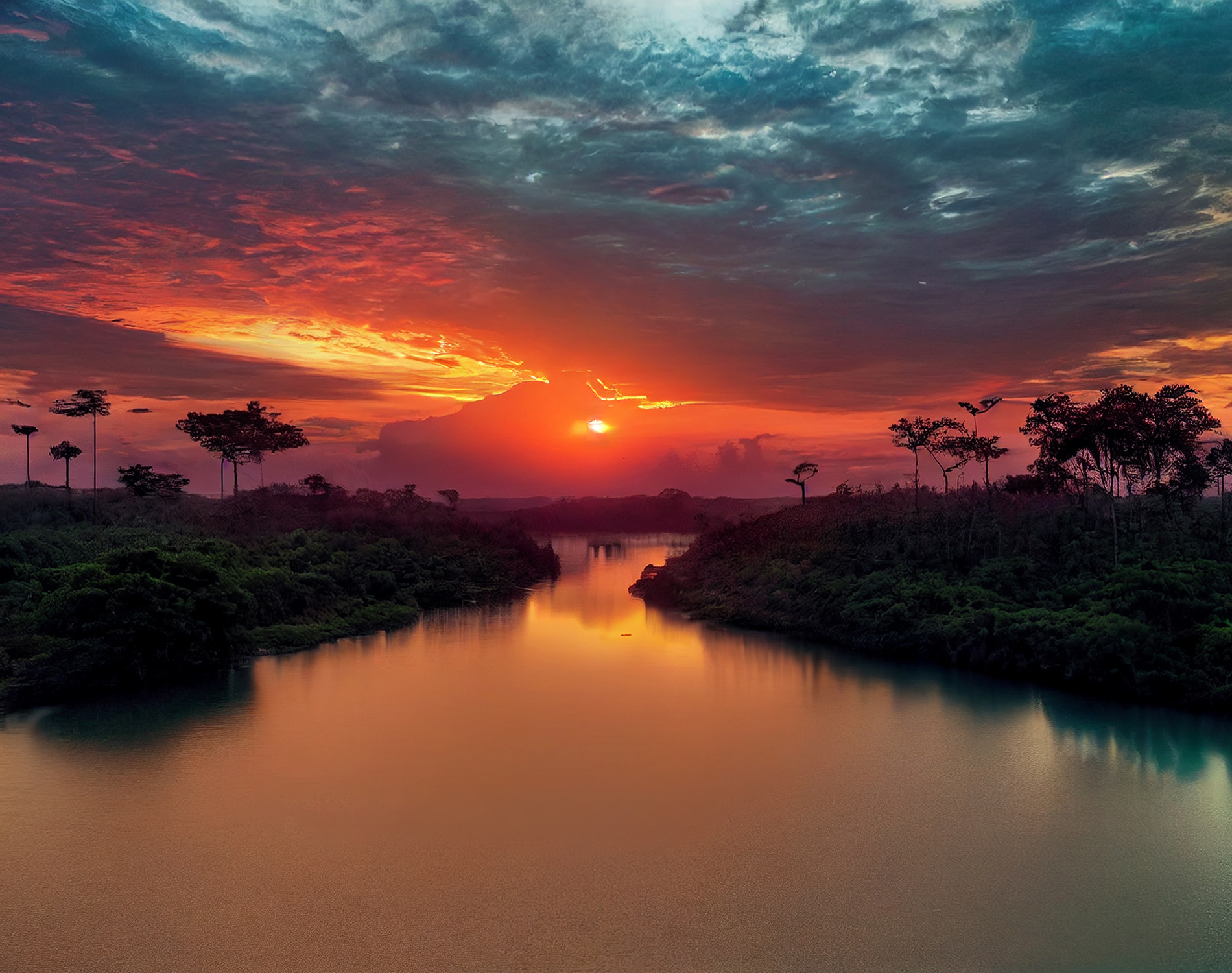Sunset over the river in the jungle