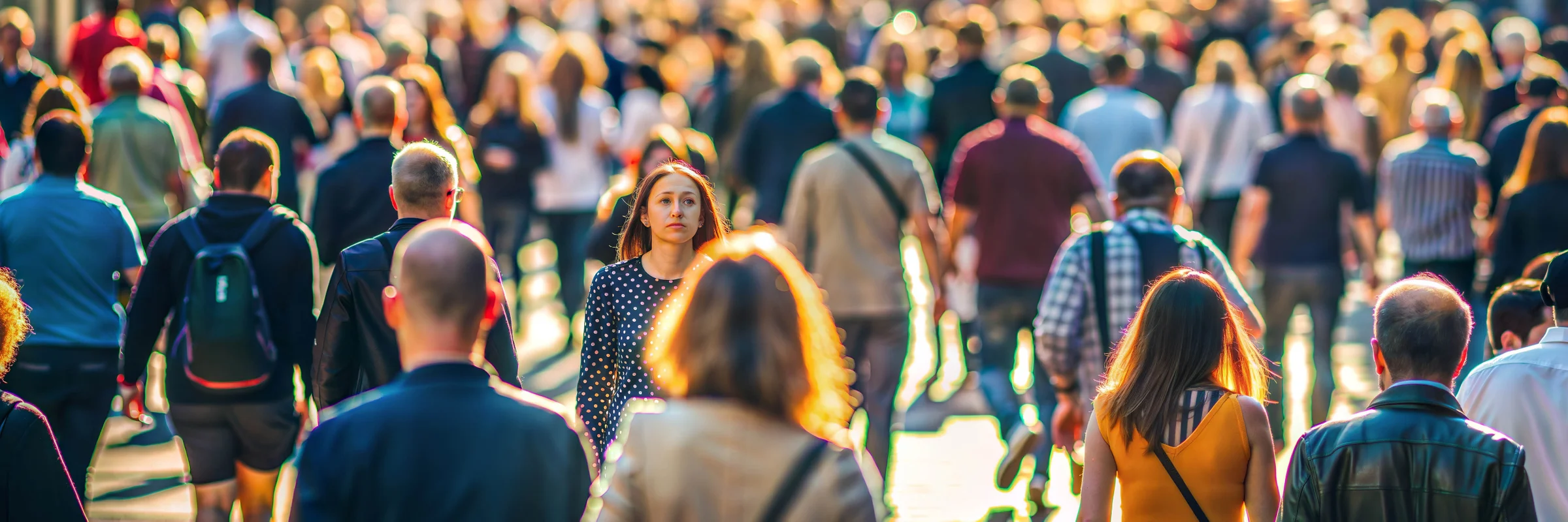 An image of a woman in a polka dot dress  walking opposite direction of a large crowd