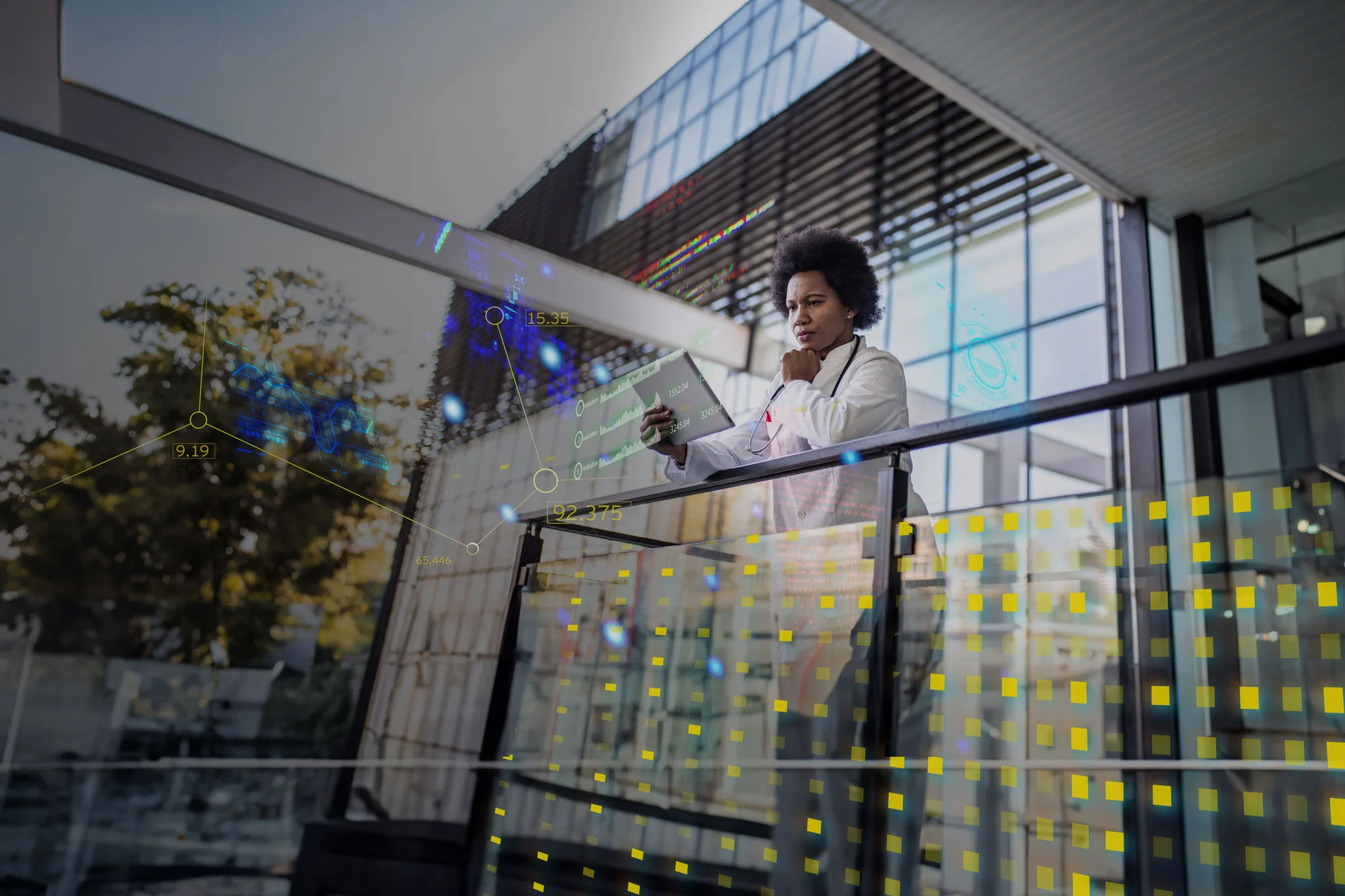 AI female doctor working on digital tablet 