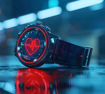 A close-up image of a digital watch with a round face displaying a heart monitor
