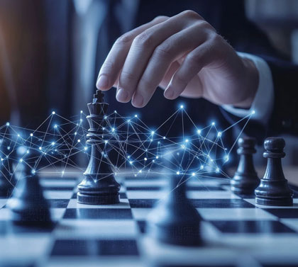 A close up image of a person playing chess and moving a chess piece