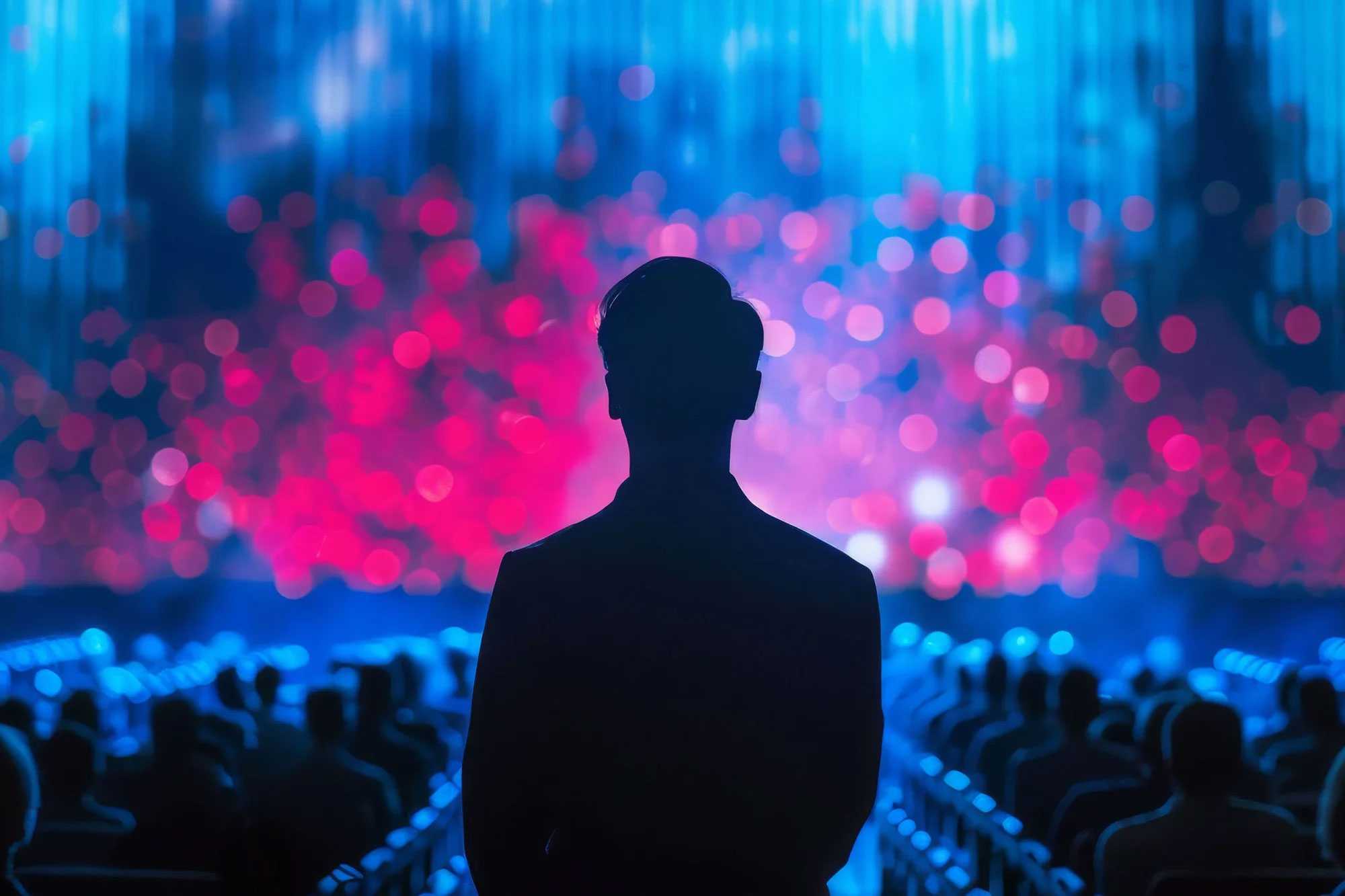 An image of a silhouetted man standing in the middle of an aisle in a theater with the audience sitting on both sides. 