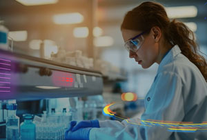 An image of a female scientist wearing goggles, a lab coat and blue latex gloves working in a lab