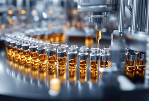 An image of a pharmaceutical production line with a robotic arm filling vials