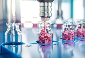 An image of a pharmaceutical assembly line filling in glass bottles with red tablet pills