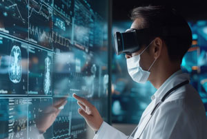 An image of a researcher wearing a virtual reality headset and a face mask working