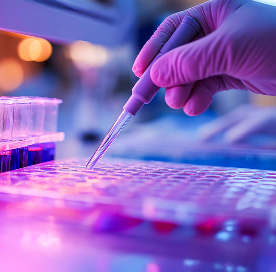 An image of a gloved hand holding a dropper tool dropping fluid in a test tray