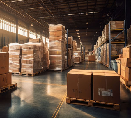 An image of a warehouse with stacks of boxes forming hallways