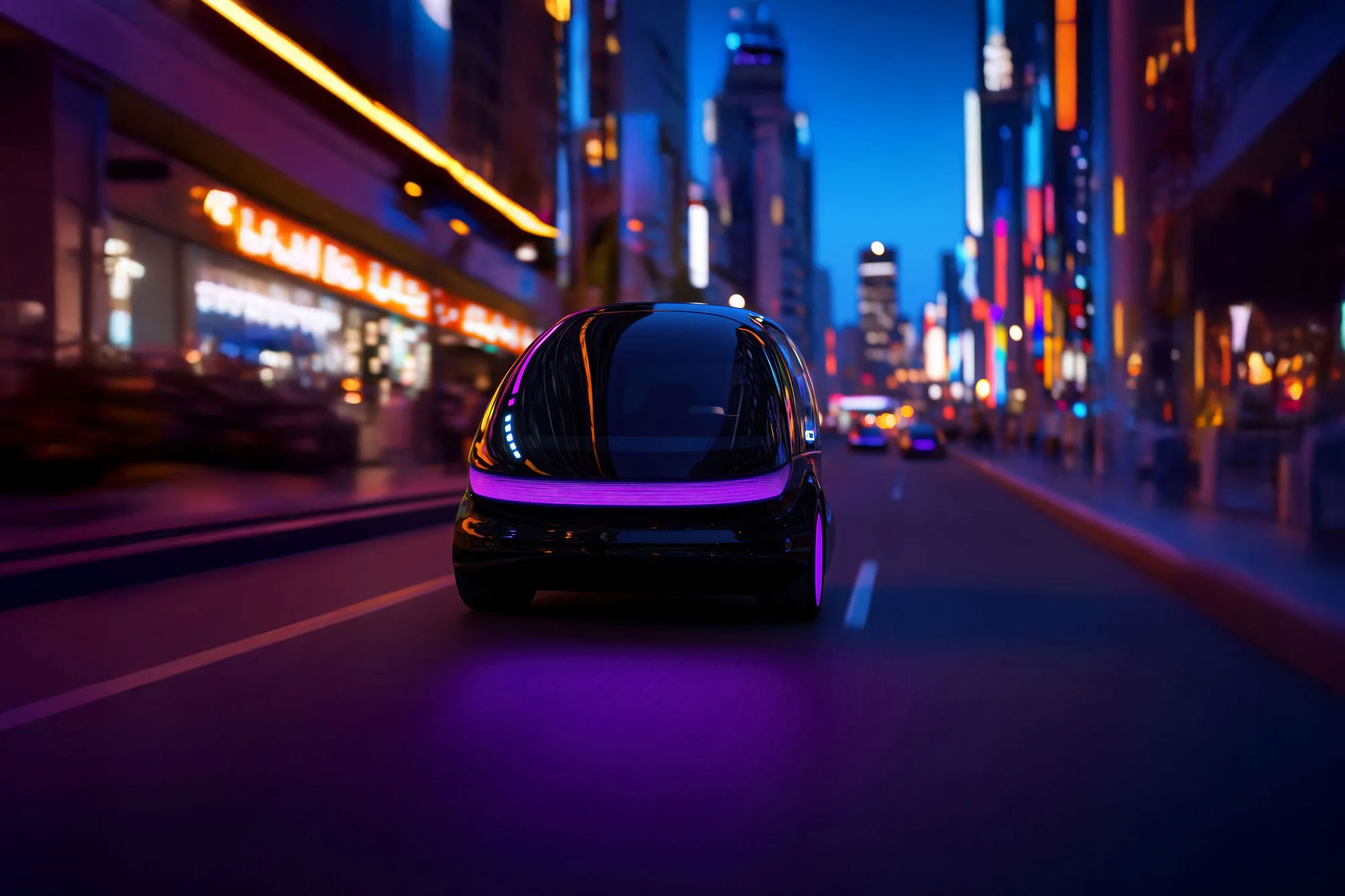 An image of a futuristic car with purple lights driving on a city street in the evening